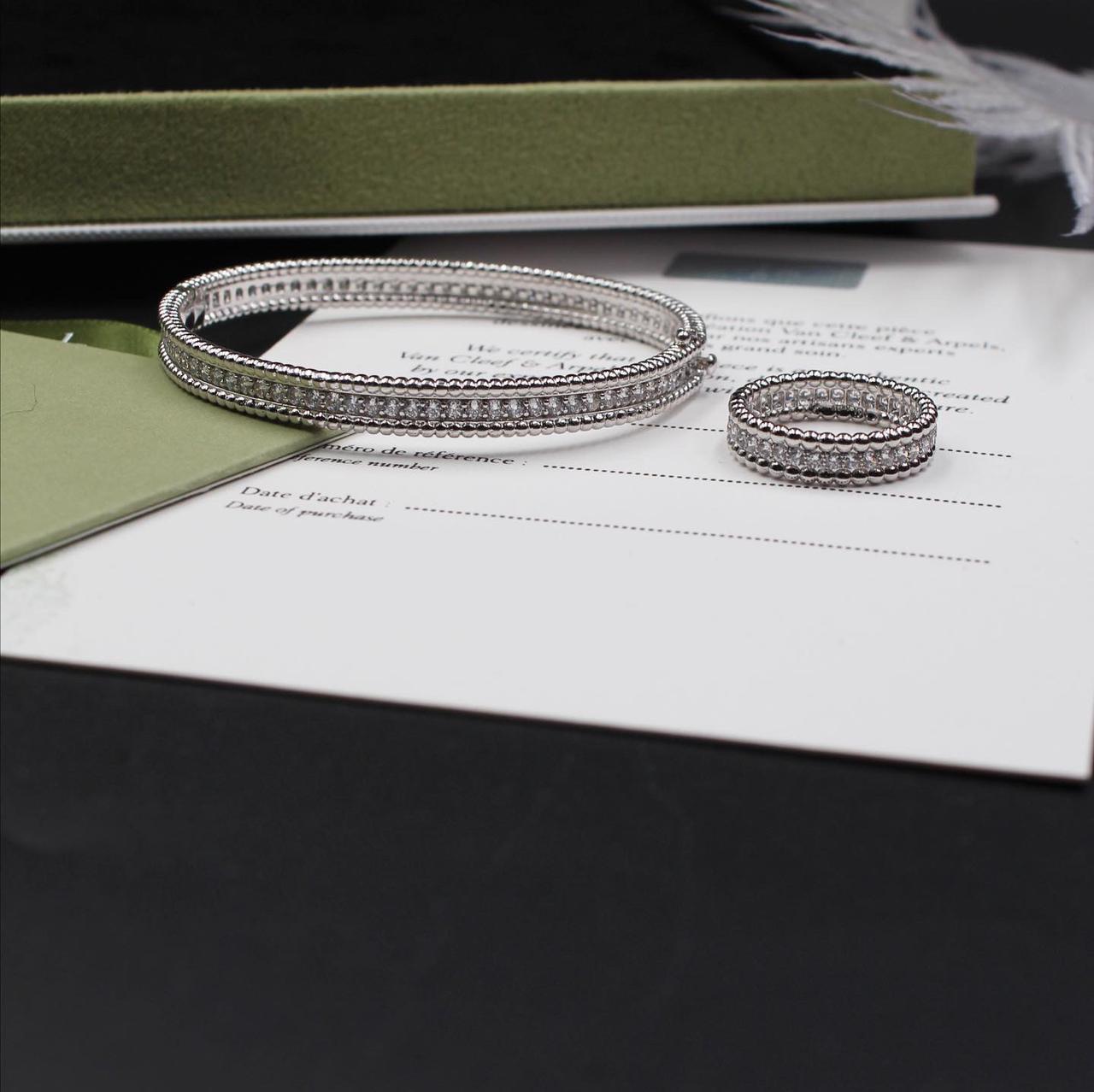 Van Cleef & Arpels Perlée Diamond Bracelet and Matching Ring Set in White Gold