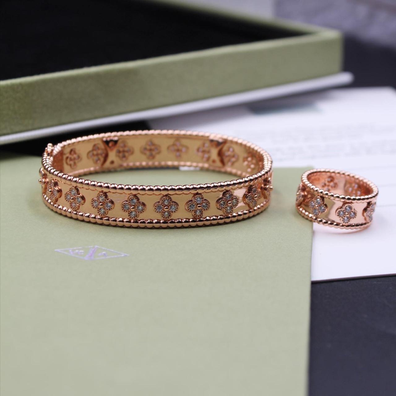 Rose Gold Diamond Clover Bangle and Matching Ring Set