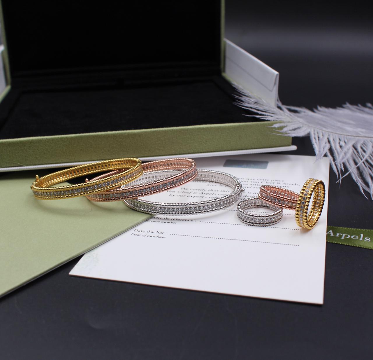 Van Cleef & Arpels Perlée Collection Diamond Bangle and Ring Suite in Tri-Color Gold