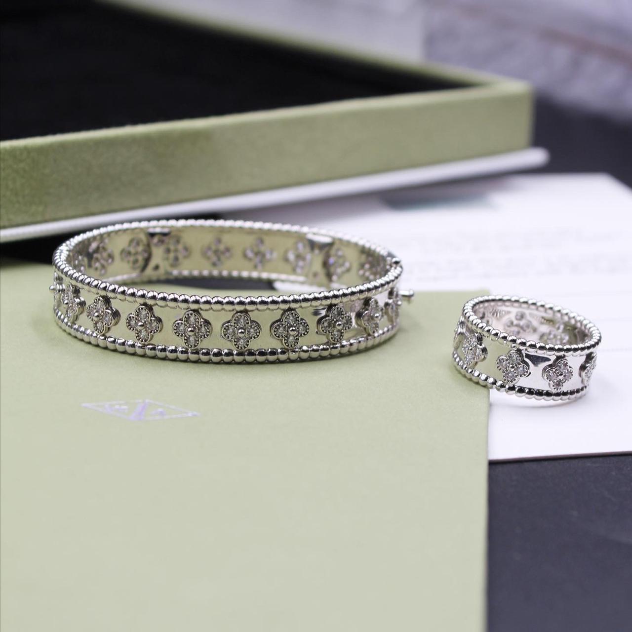 Maison Alhambra Diamond-Pavé Clover Bangle and Band Set in 18K White Gold