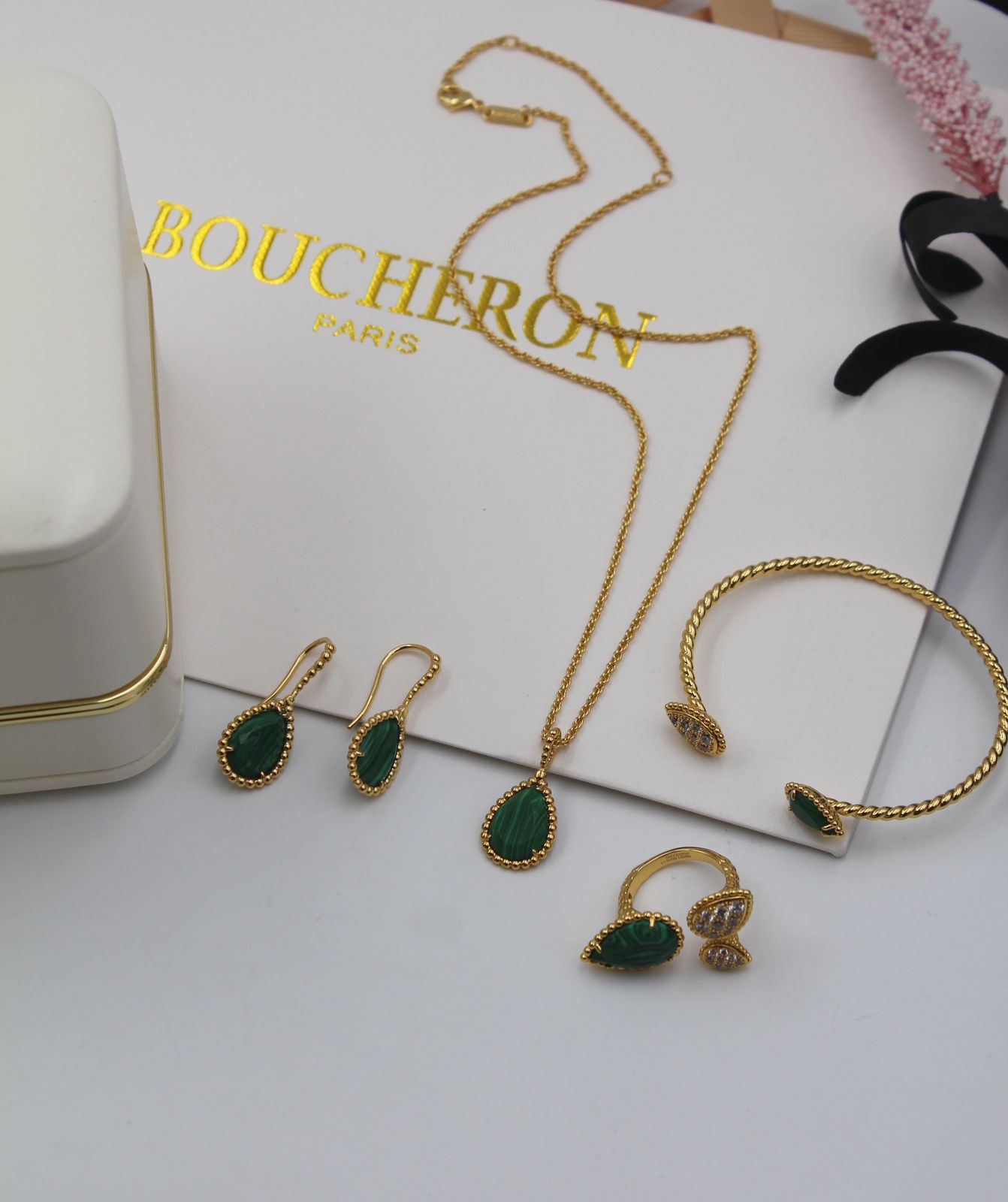 Boucheron Serpent Bohème Malachite and Diamond High Jewelry Set in 18K Yellow Gold
