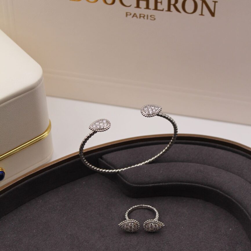 Boucheron Serpent Bohème Pavé Diamond Open Cuff and Ring Set in 18K White Gold