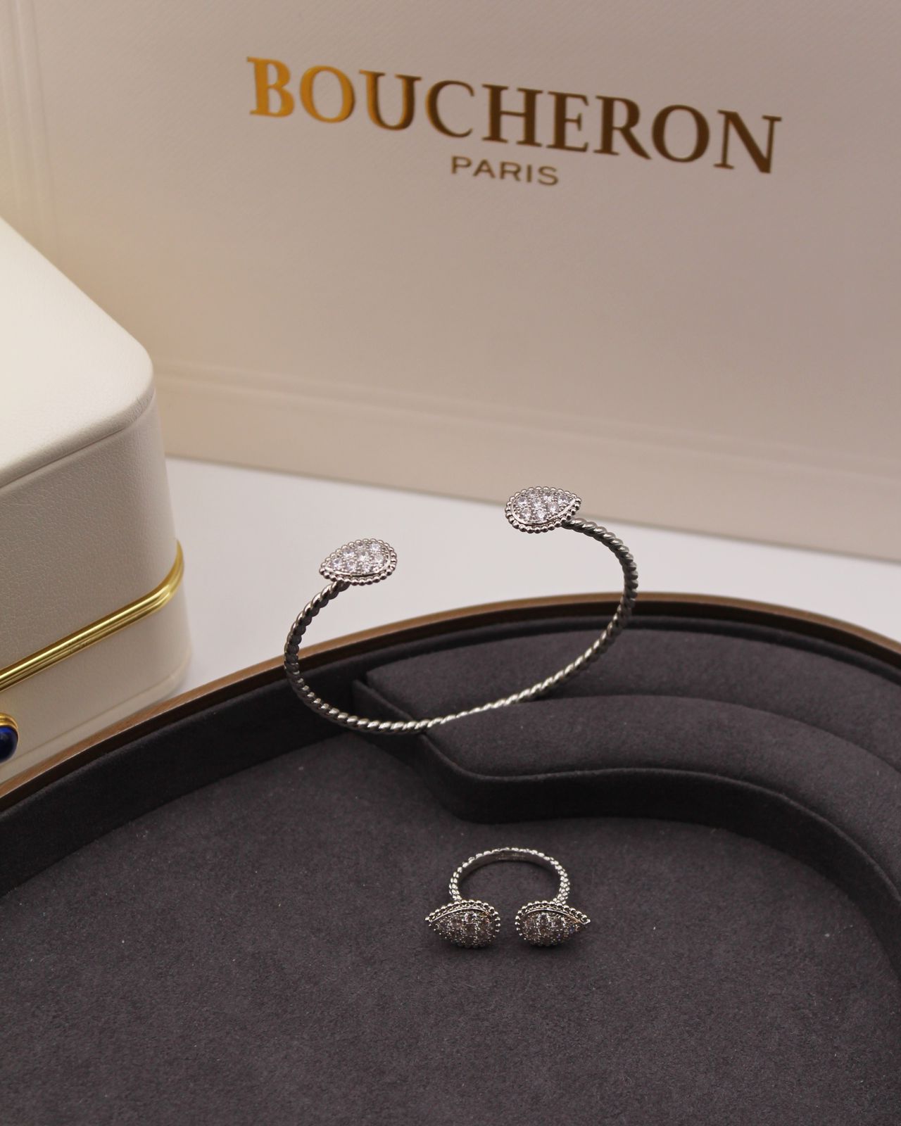 Boucheron Serpent Bohème Pavé Diamond Open Cuff and Ring Set in 18K White Gold