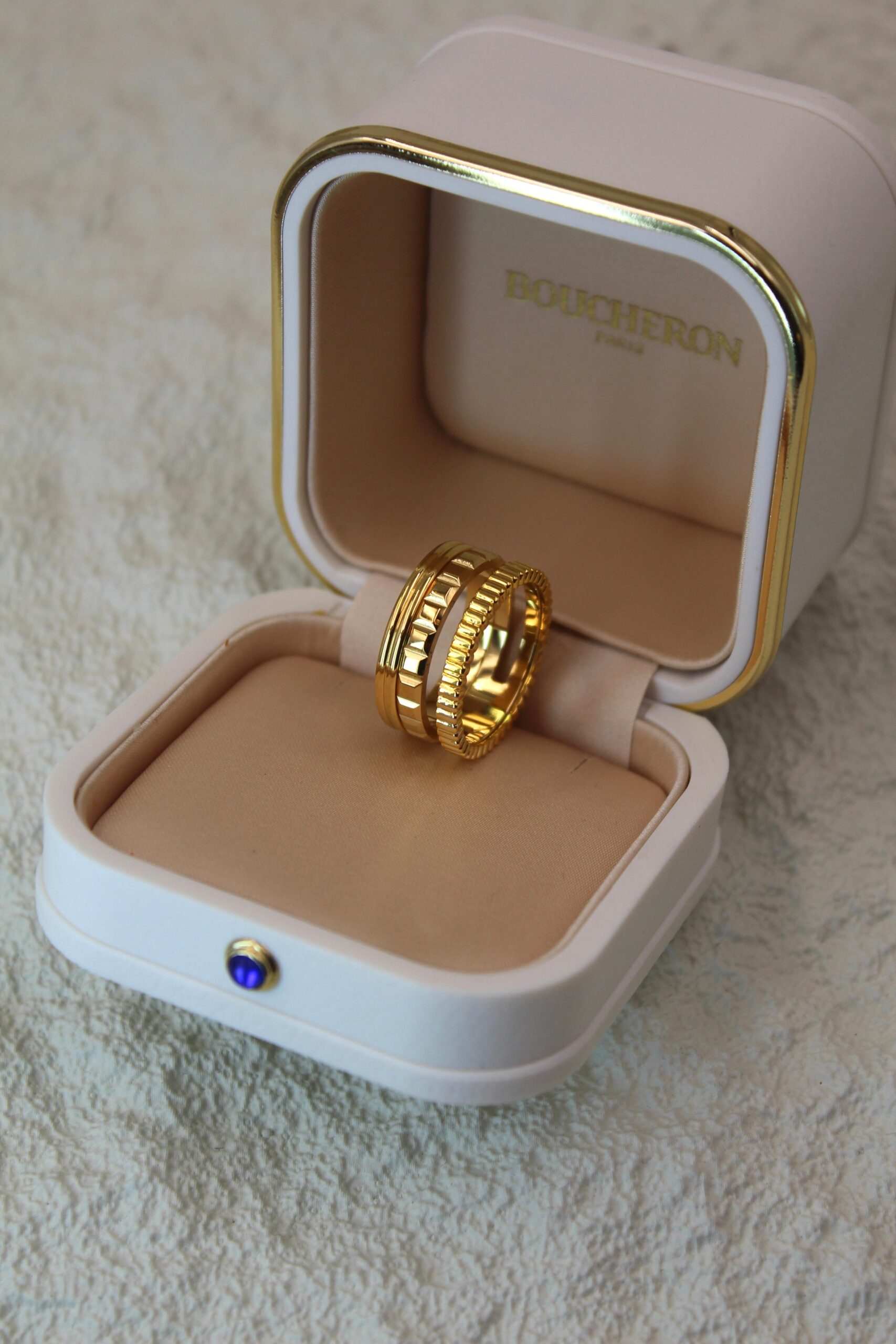 Boucheron Quatre Classic Yellow Gold Multi-Textured Stacked Ring in Signature Presentation Case