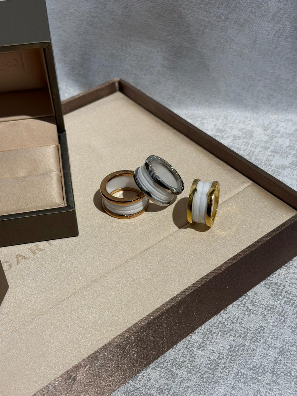 Bvlgari B.zero1 White Ceramic and Precious Metal Tri-Tone Ring Collection
