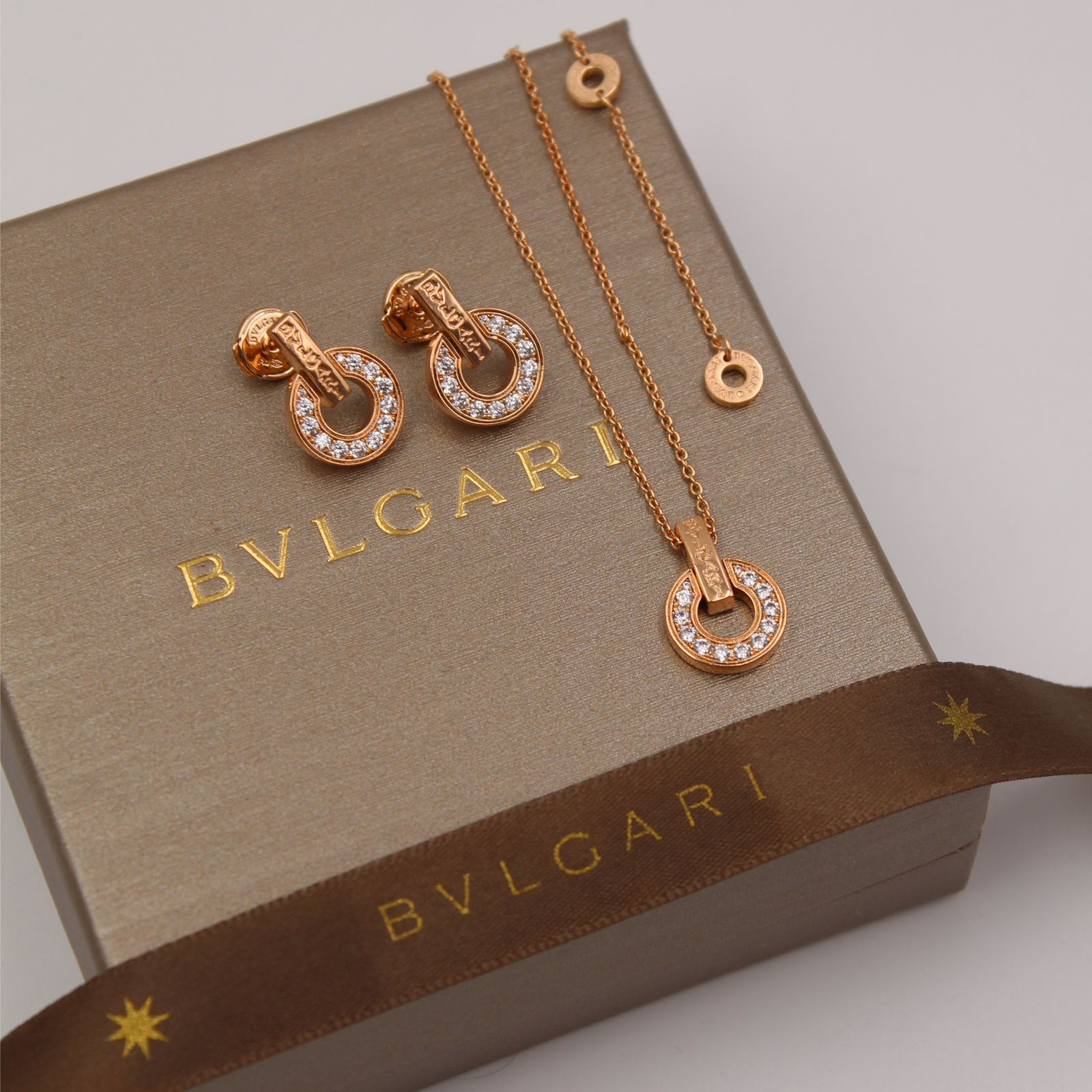 Bvlgari 18K Rose Gold Pavé Diamond Circular Motif Pendant Necklace and Matching Stud Earrings Set