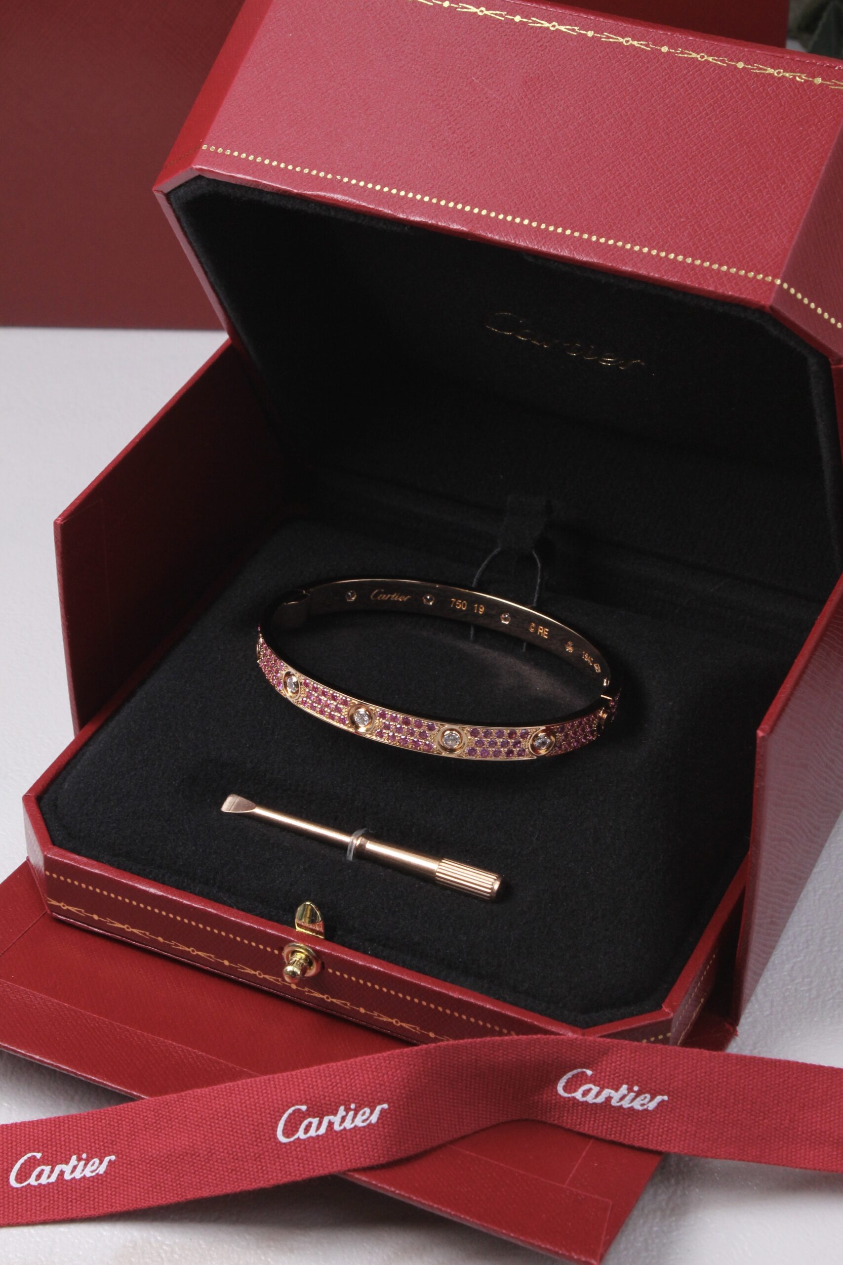 Cartier 18K Rose Gold Pavé Pink Sapphire and Diamond Love Bracelet