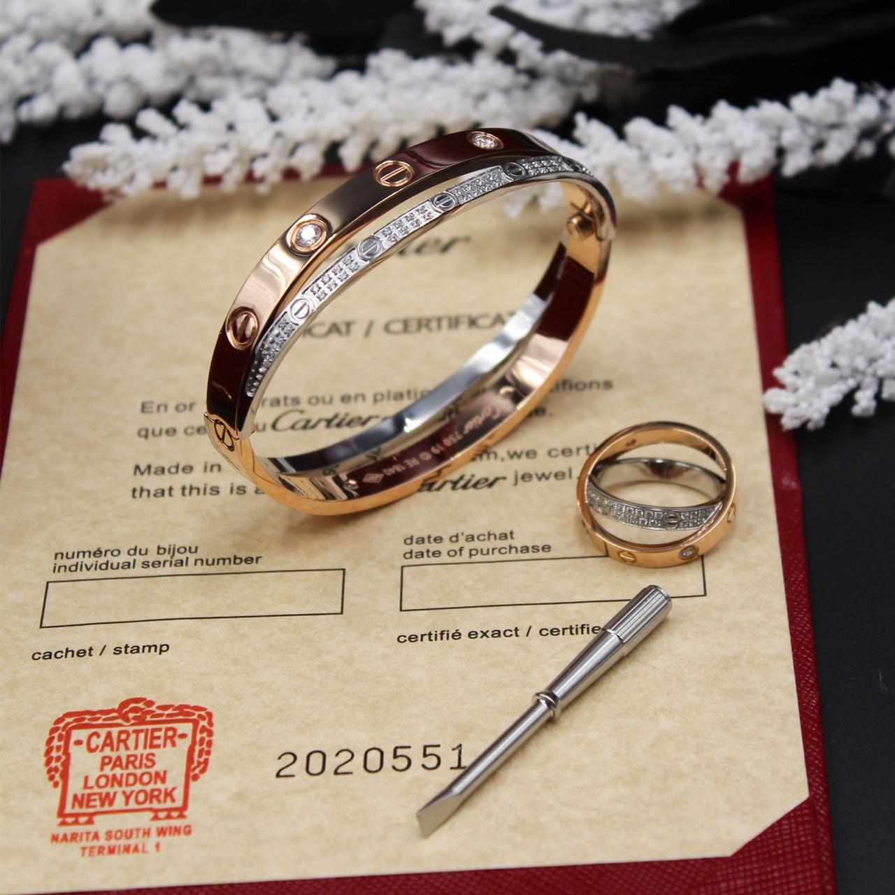 Cartier 18K Rose and White Gold Diamond-Paved Love Bangle Bracelet and Ring Set