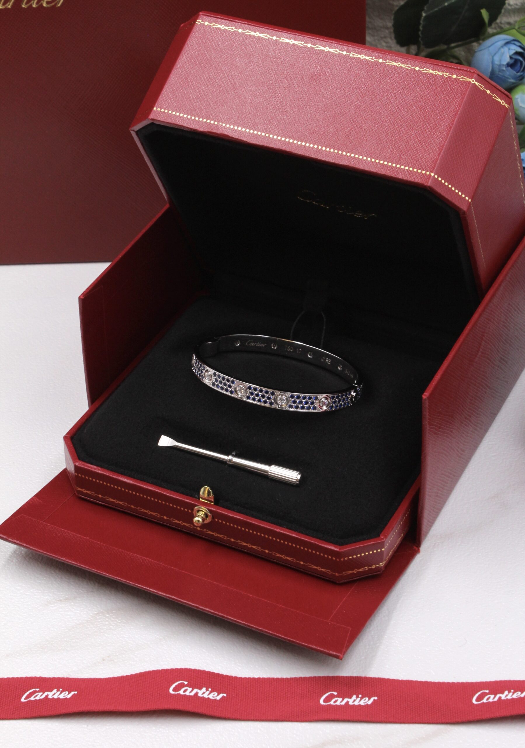 Cartier 18K White Gold Diamond and Sapphire Pavé Love Bracelet