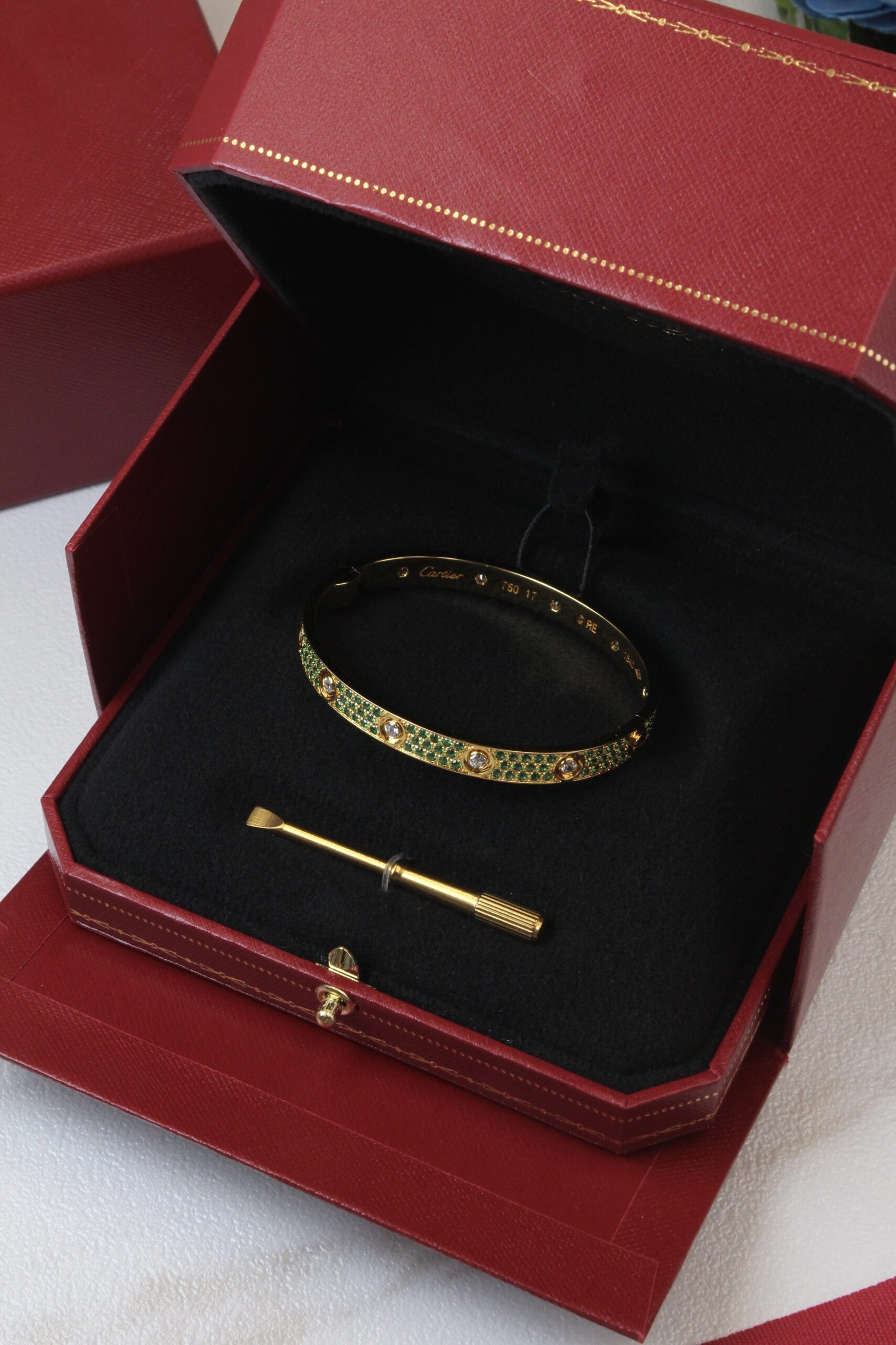 Cartier 18K Yellow Gold Pavé Emerald and Diamond Love Bracelet