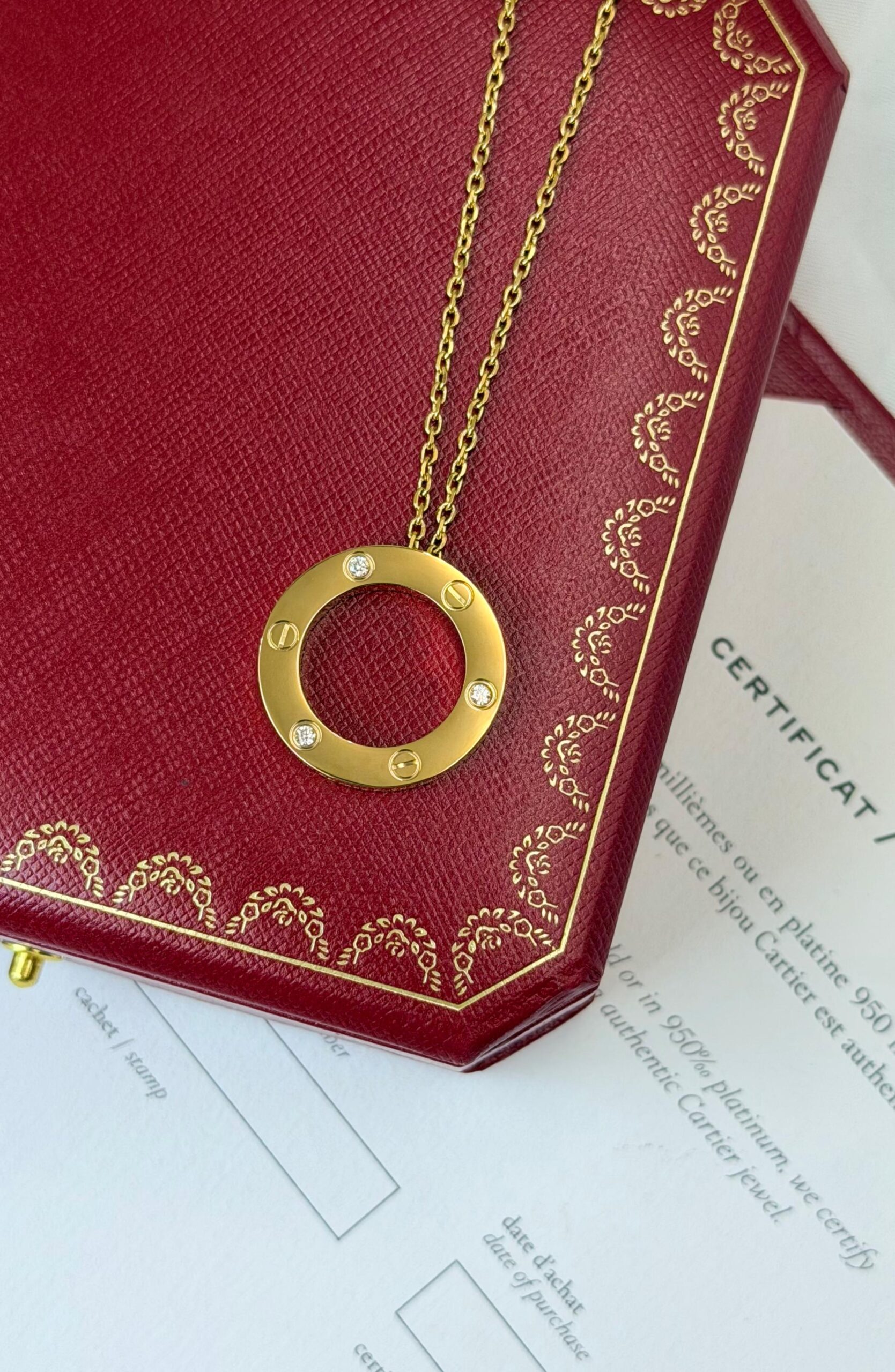 Cartier 18K Yellow Gold Diamond Love Ring Pendant Necklace