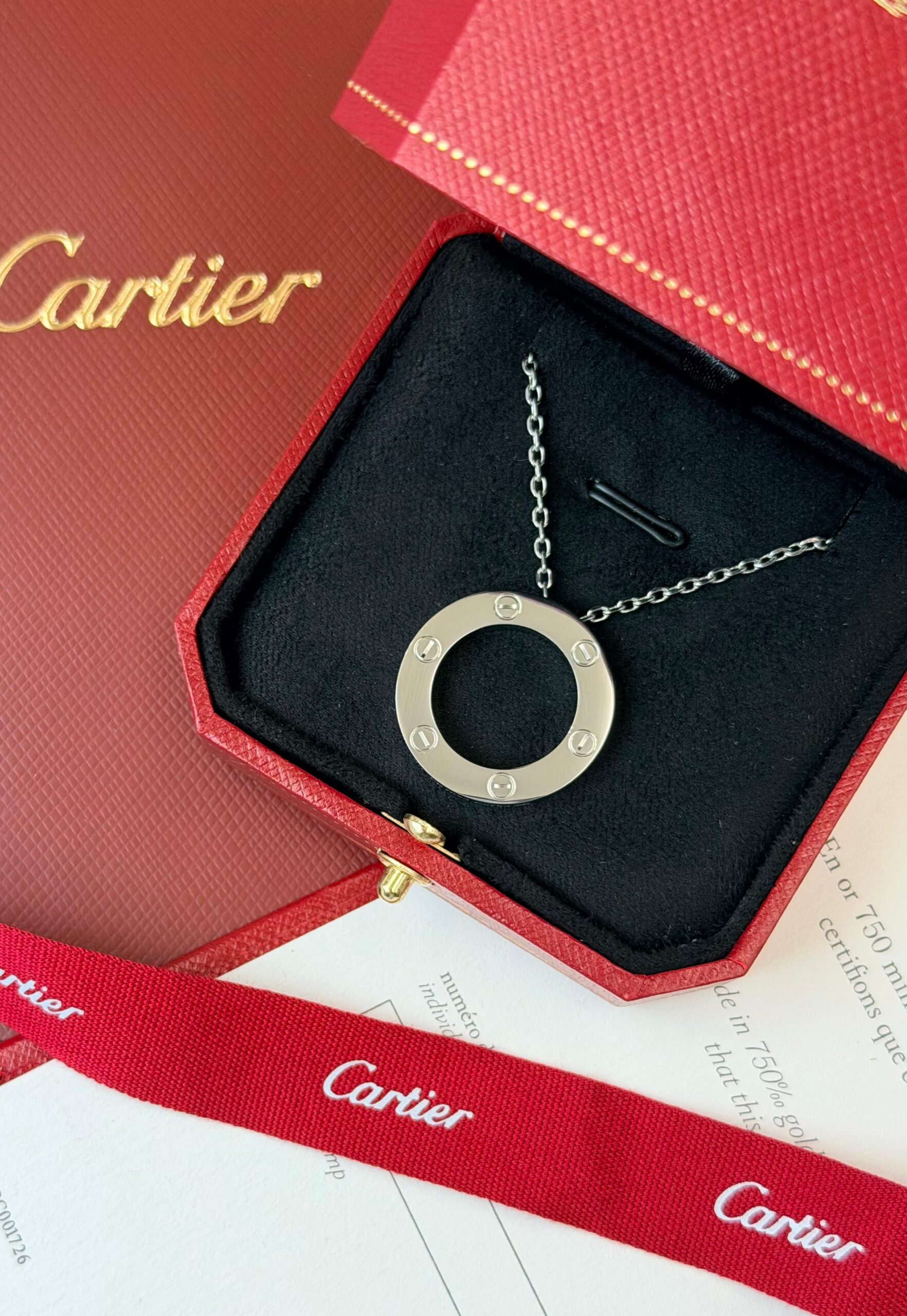 Cartier Love Motif White Gold Circular Pendant Necklace