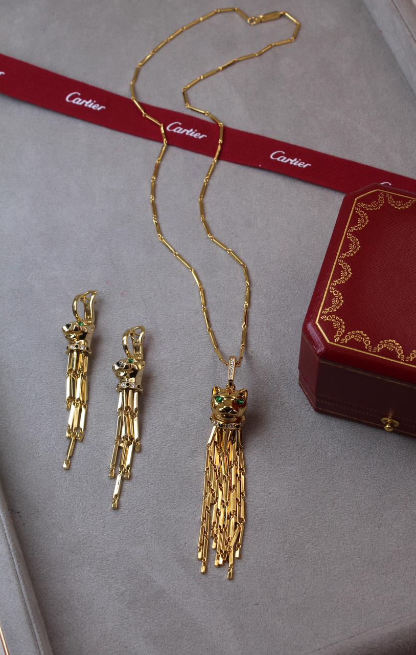 Cartier Panthère 18K Yellow Gold Tassel Pendant Necklace and Matching Earrings Set