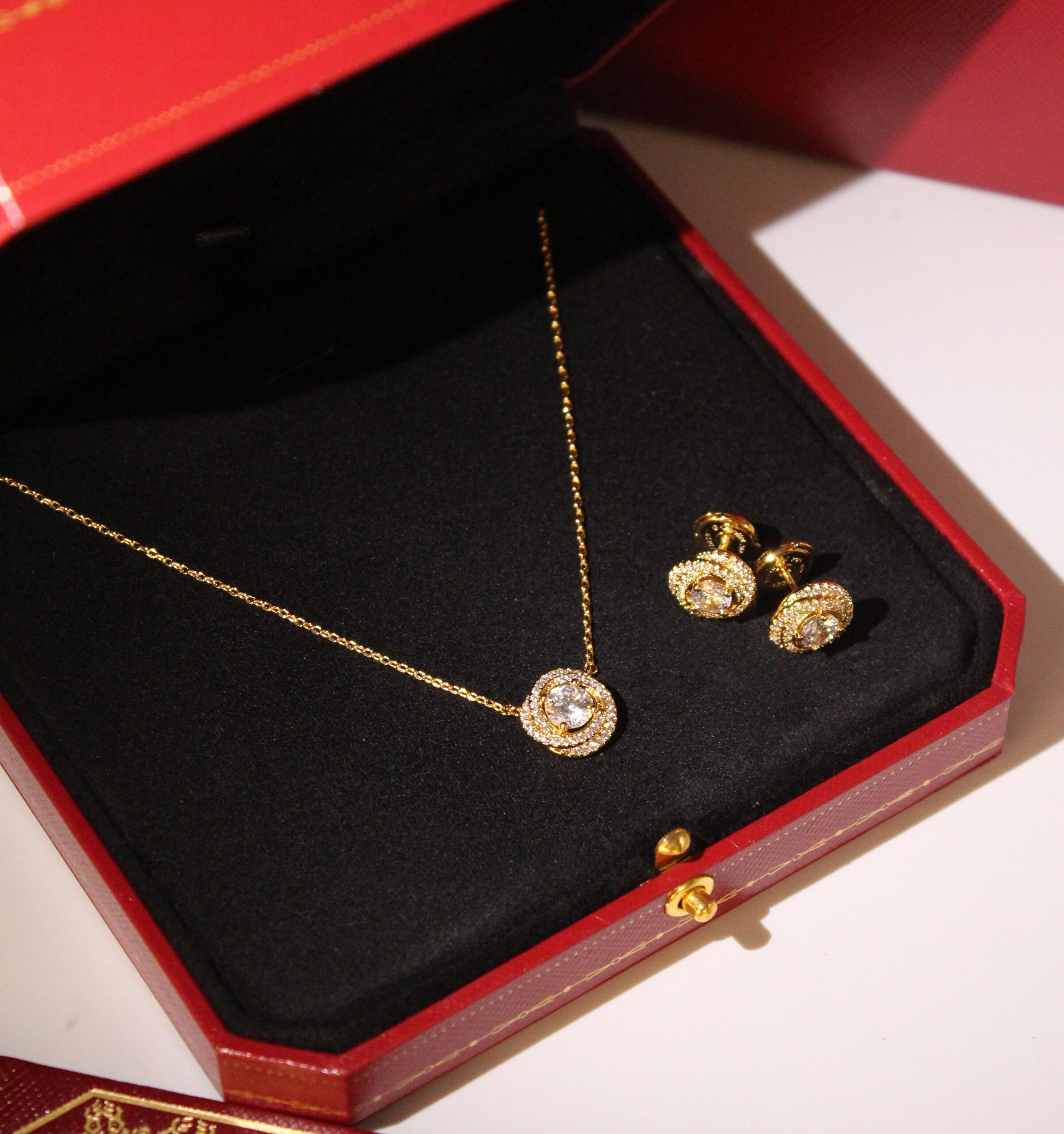 Cartier 18K Yellow Gold Diamond Solitaire Pendant Necklace and Matching Earrings Set