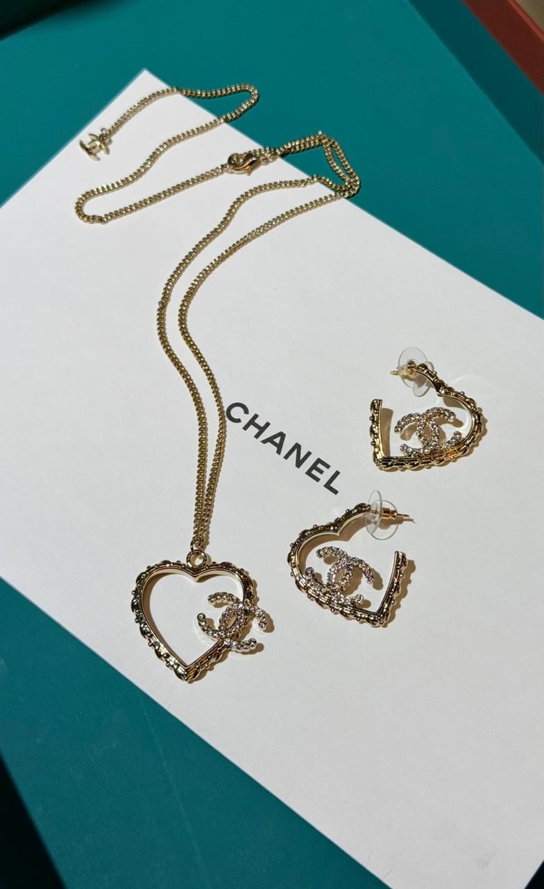 Chanel CC Pavé Heart Gold-Tone Pendant Necklace and Earring Suite
