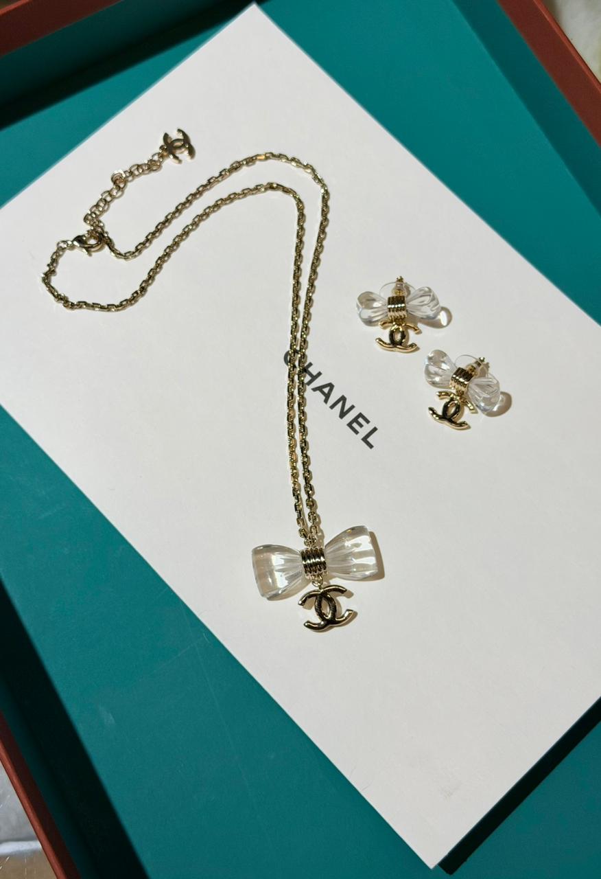 Chanel Crystal Bow & Interlocking CC Gold-Tone Pendant Necklace and Earring Suite