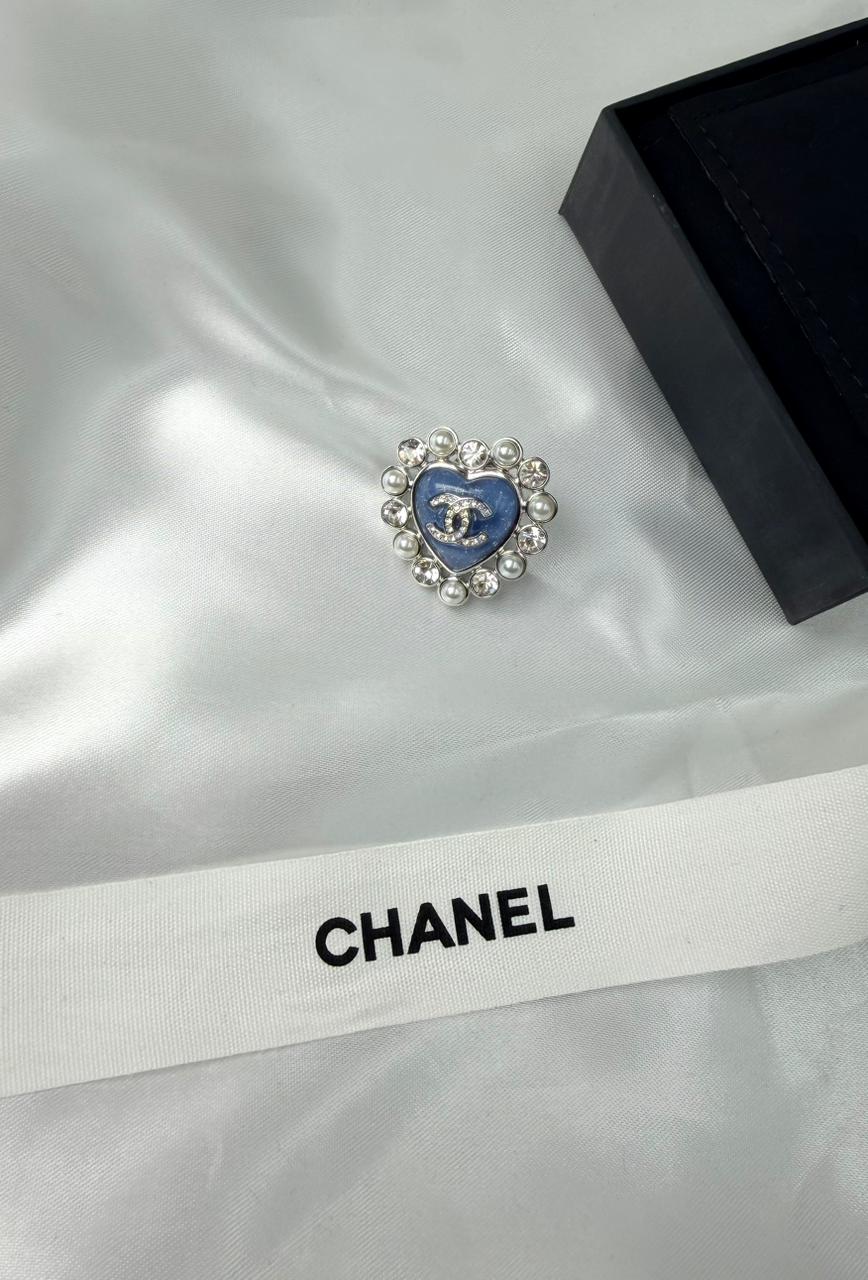 Chanel Blue Heart Crystal and Pearl CC Brooch