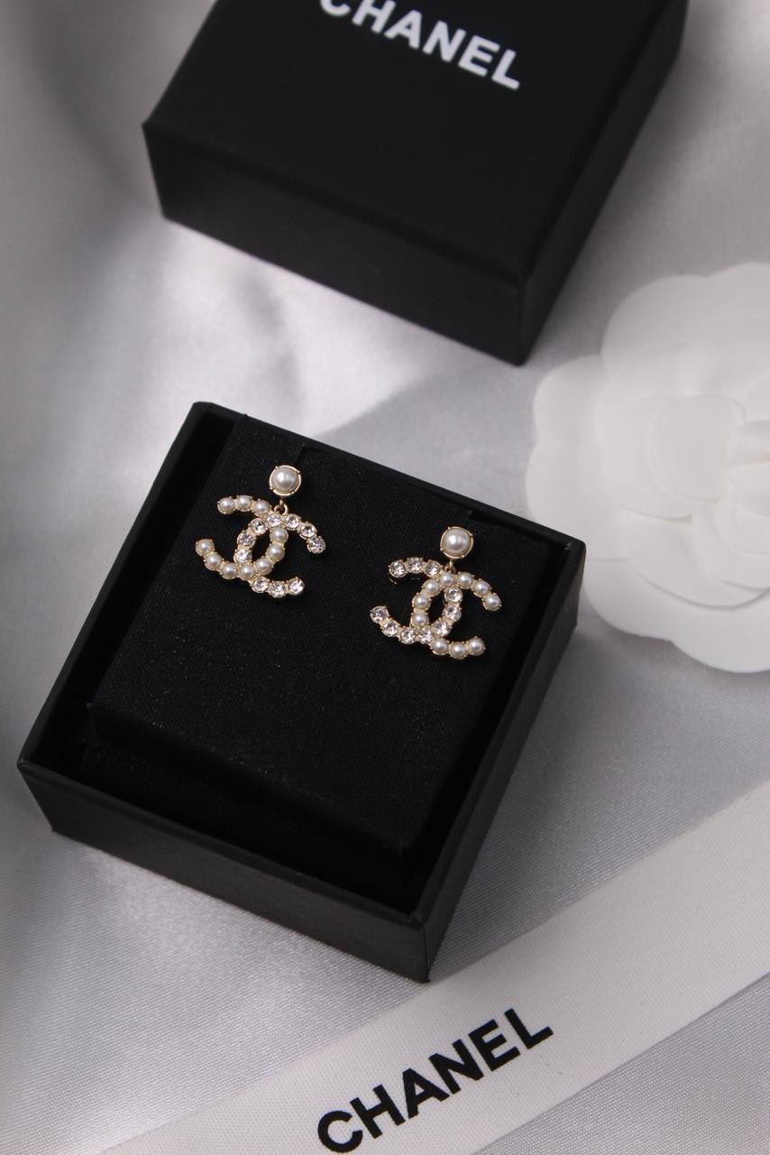 Chanel CC Crystal and Pearl Drop Earrings in Gold-Tone Metal