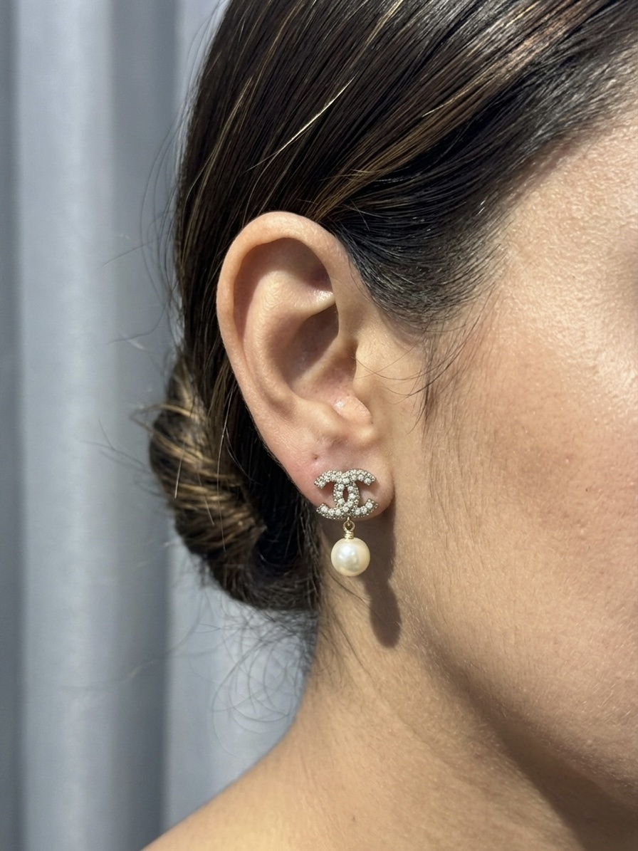 Chanel CC Crystal Pavé and Drop Pearl Haute Joaillerie Earrings