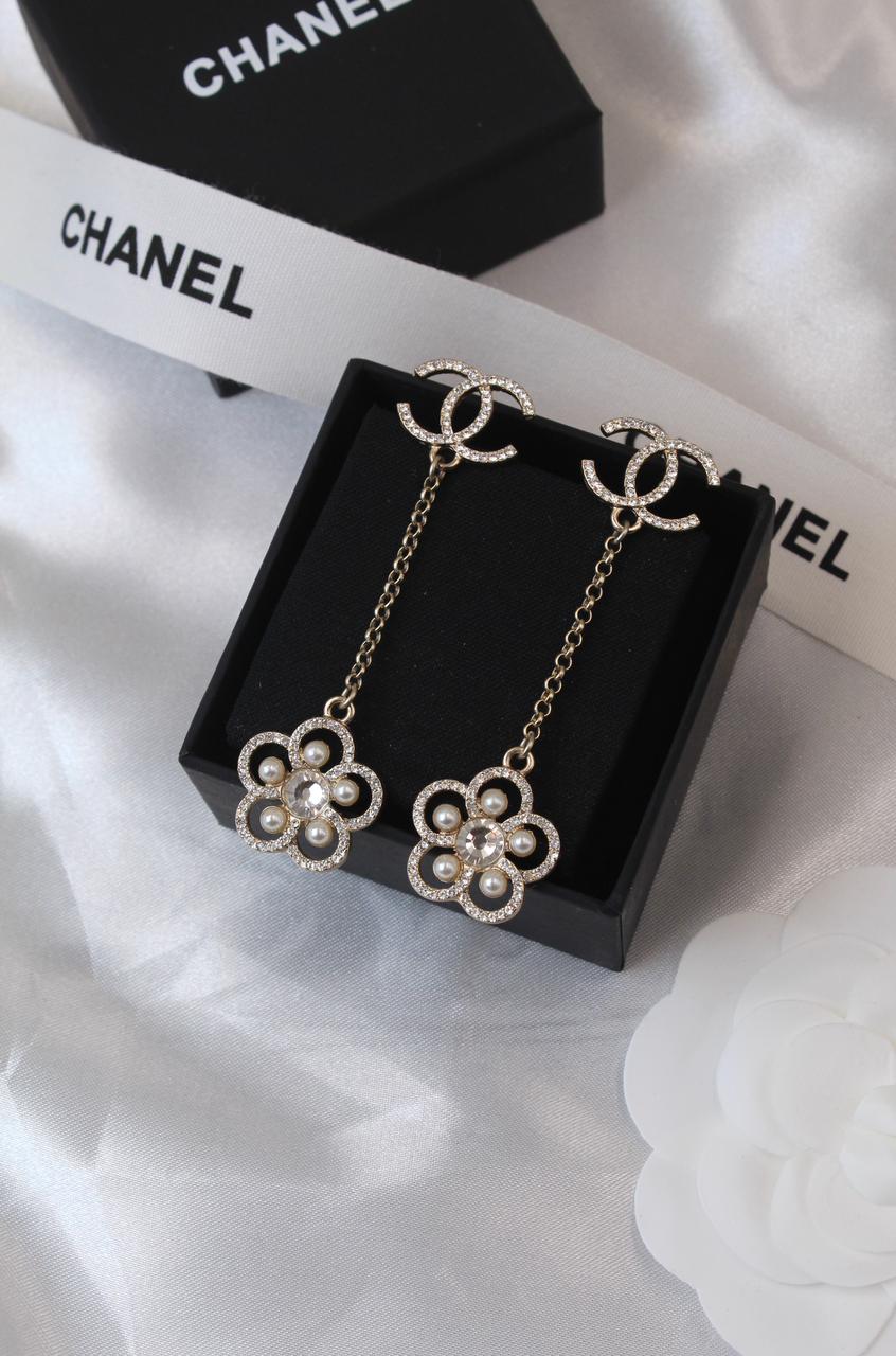 Chanel CC Crystal and Pearl Camellia Drop Earrings