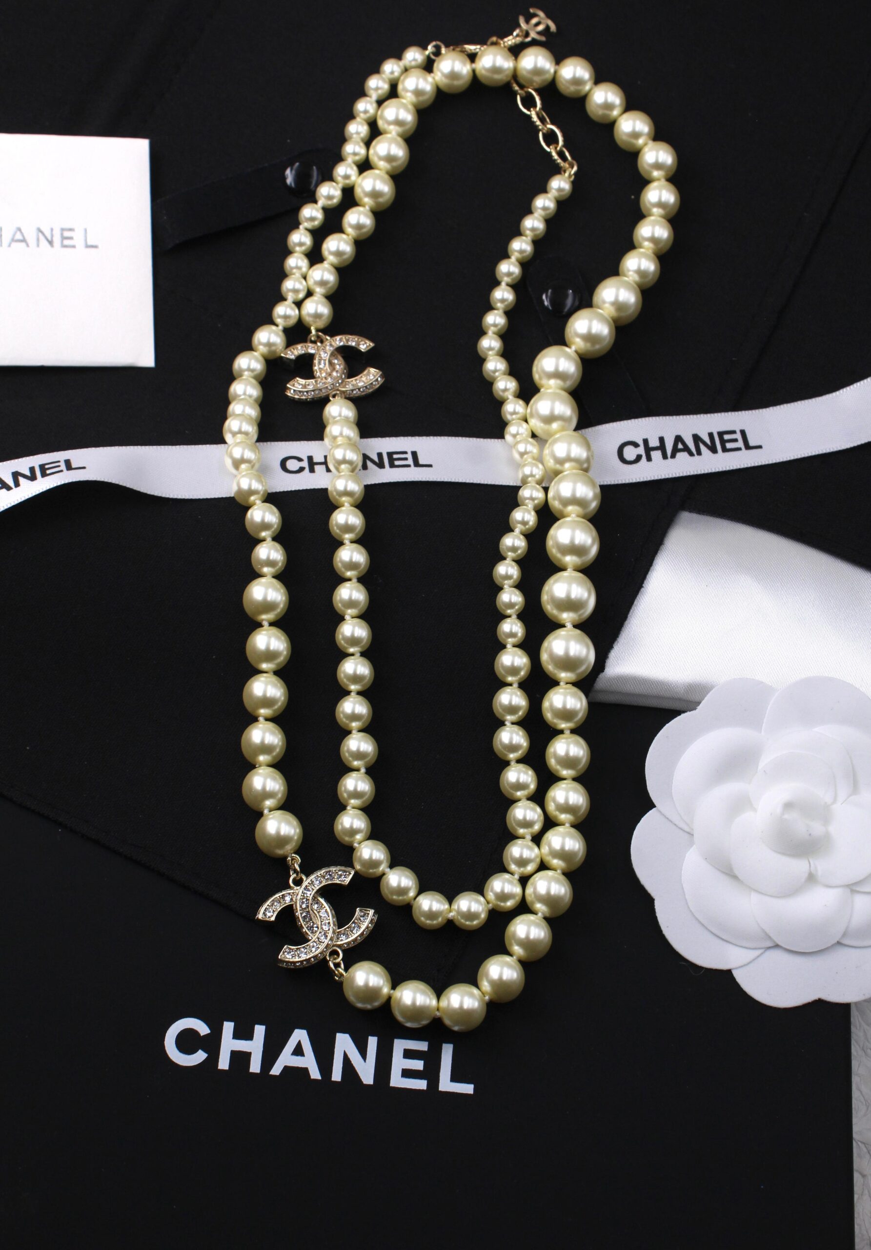 Chanel CC Crystal Embellished Multi-Strand Graduated Faux Pearl Long Necklace