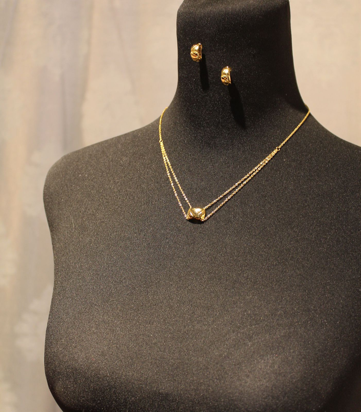 Chanel Quilted Gold Double-Strand Pendant Necklace and Earring Suite