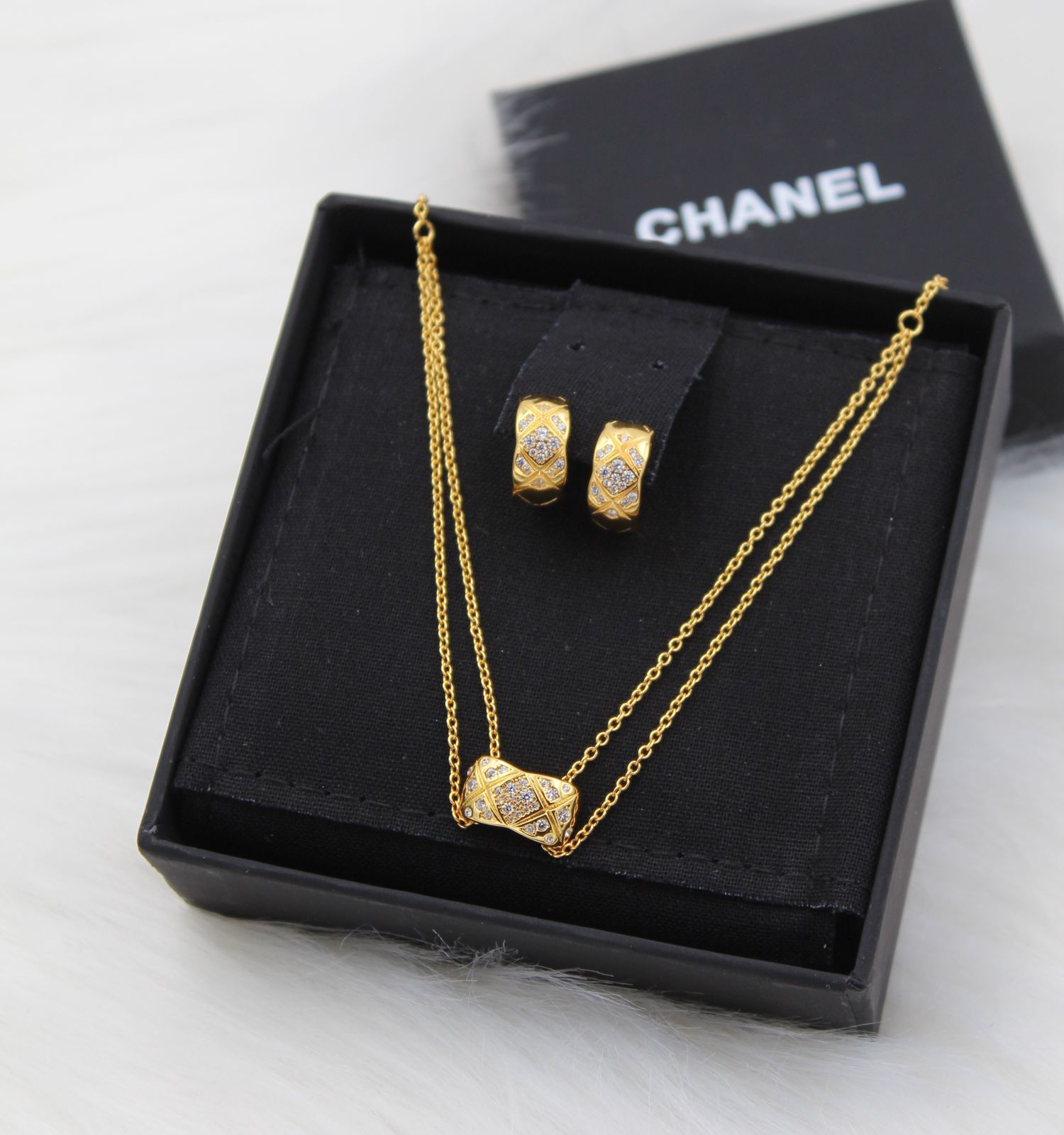 Chanel Quilted Motif Diamond-Accented Gold-Tone Pendant Necklace and Earring Set