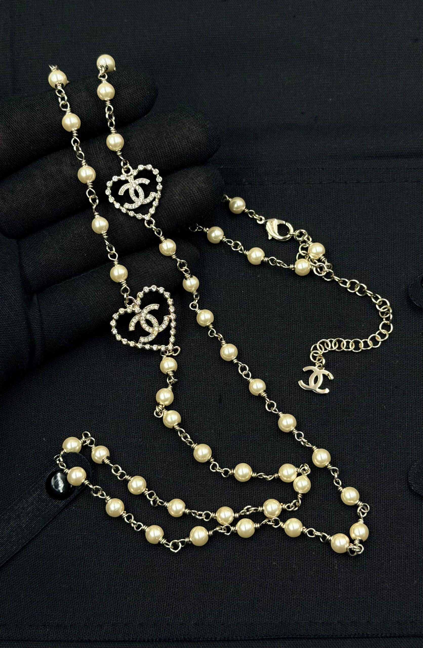 Chanel CC Crystal Heart & Pearl Long Station Necklace