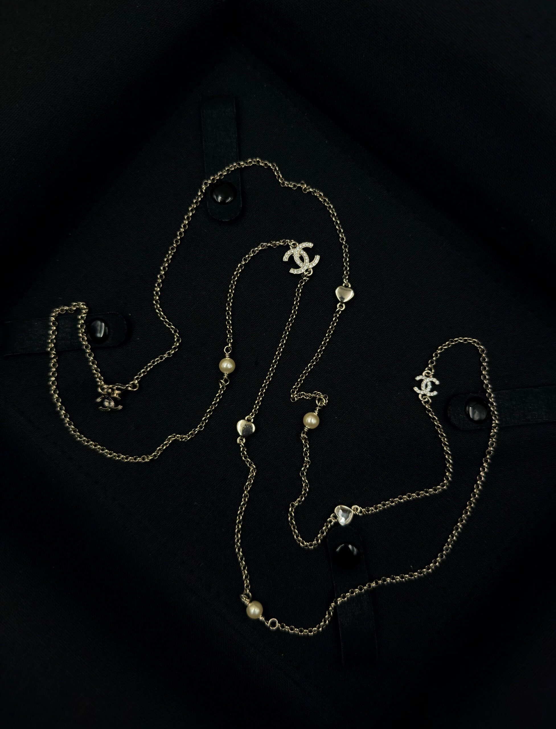 Chanel CC Crystal and Pearl Long Station Necklace in Gold-Tone Metal