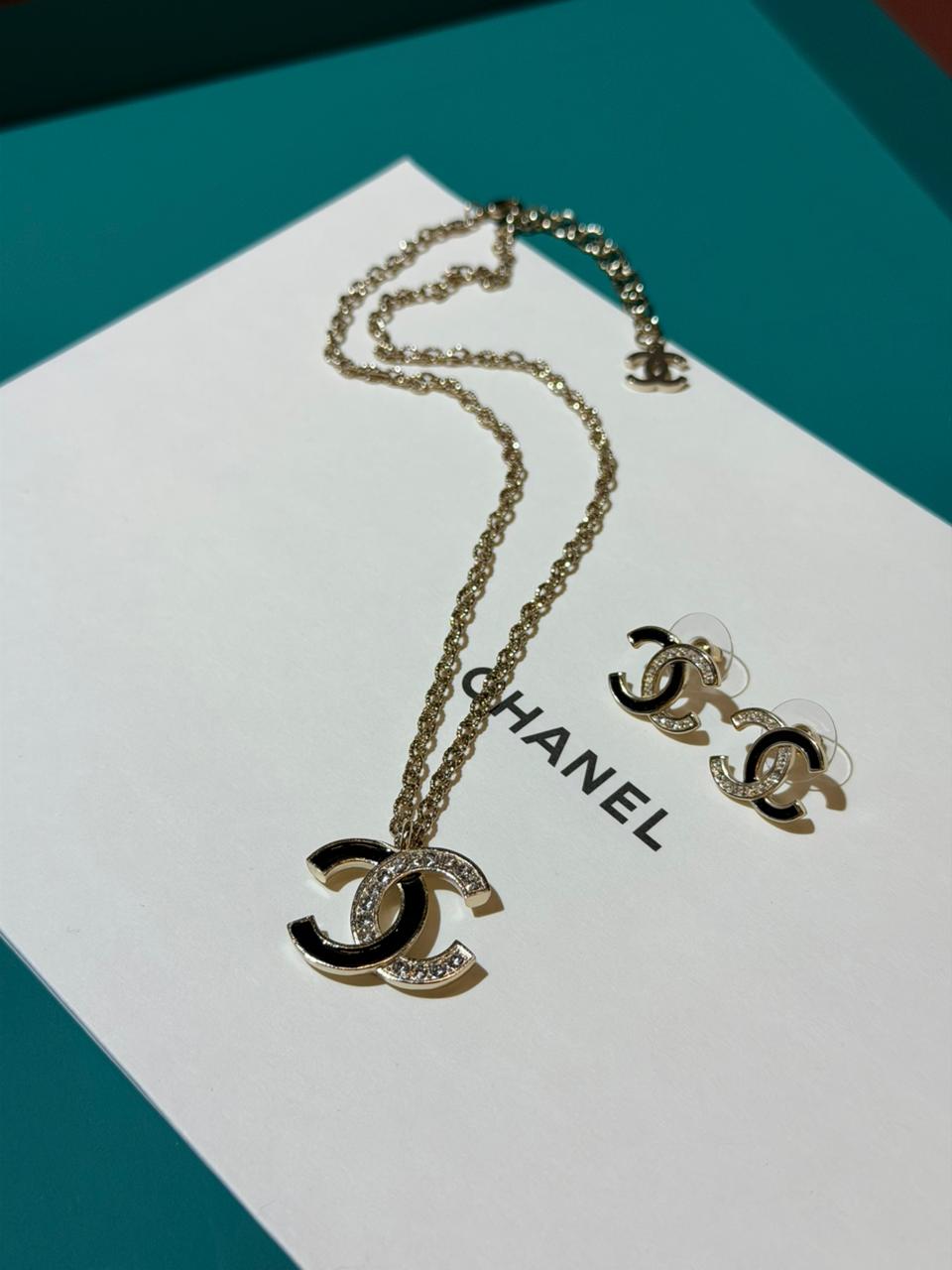 Chanel CC Pavé Crystal & Enamel Pendant Necklace and Earring Set