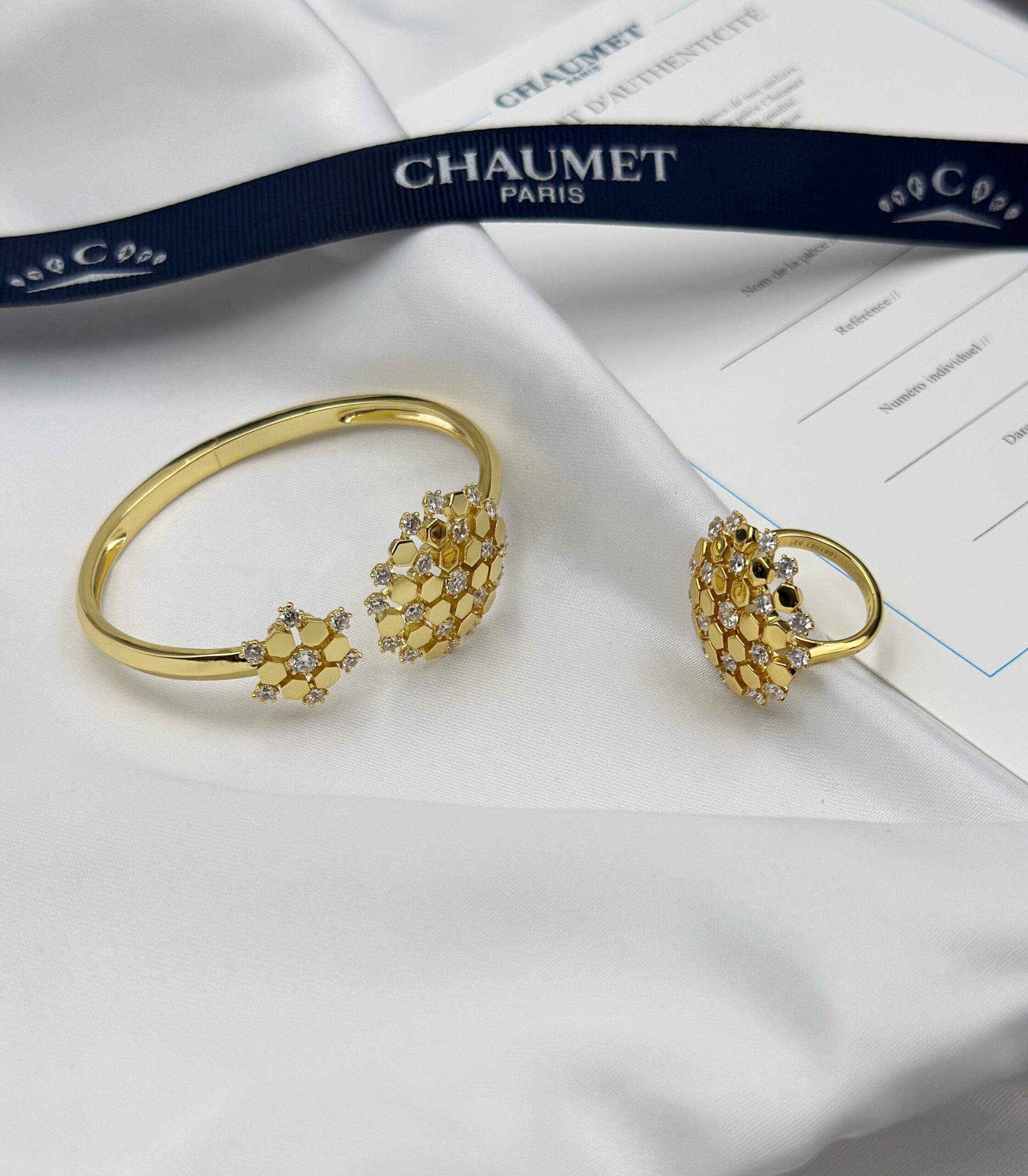 Chaumet Bee My Love 18K Yellow Gold Diamond Open Bangle and Ring Set