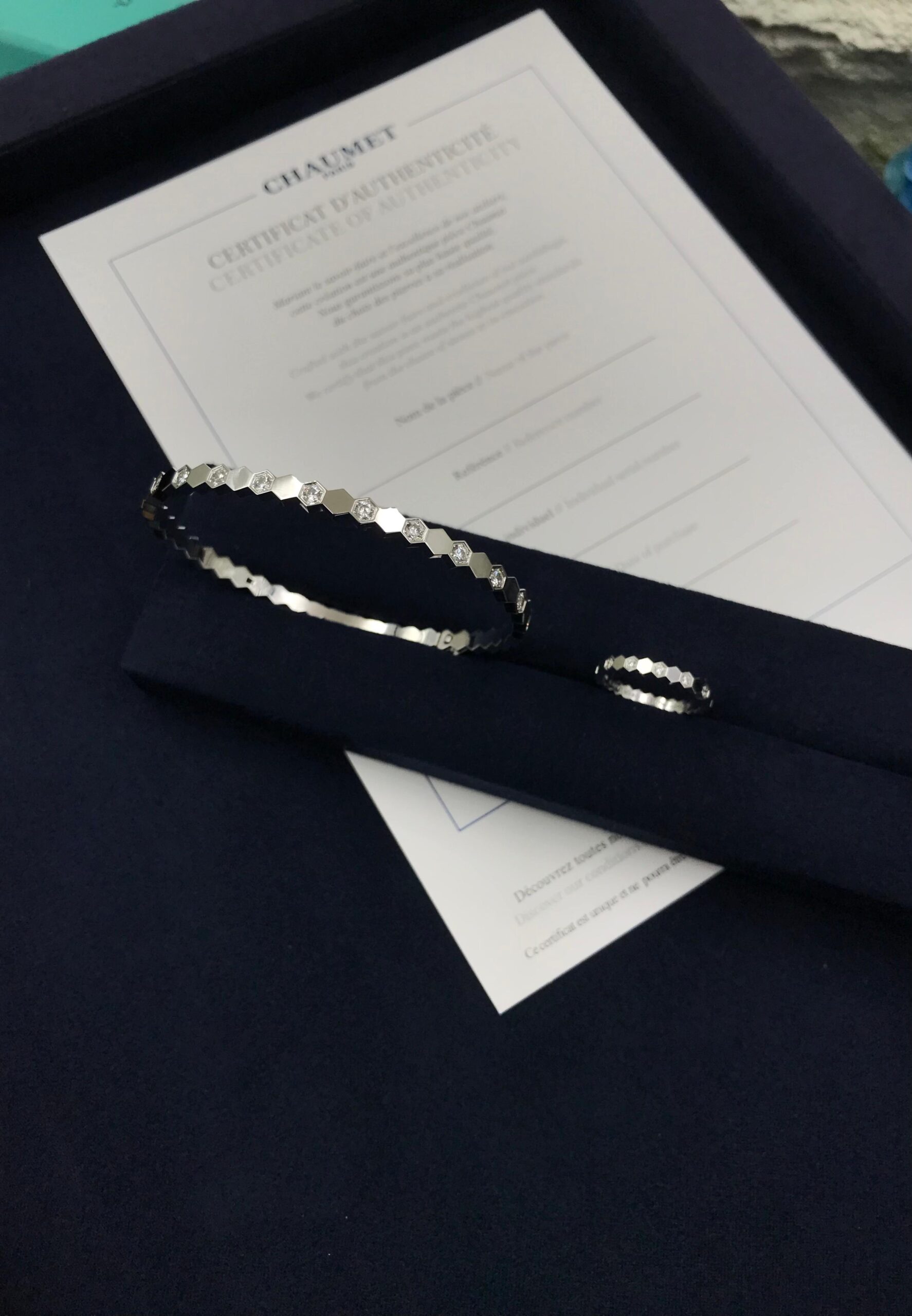Chaumet Bee My Love 18K White Gold Diamond Hexagonal Bangle and Ring Set
