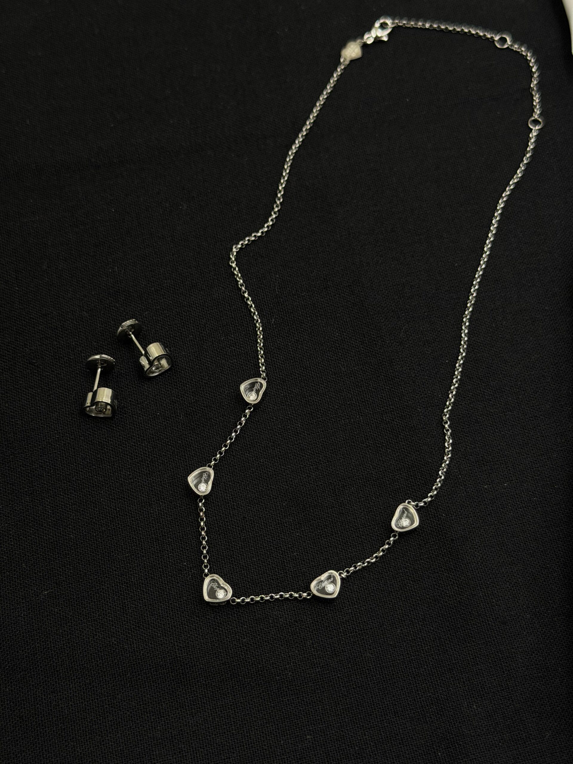 Chopard Happy Diamonds 18K White Gold Heart Pendant Necklace and Earring Suite