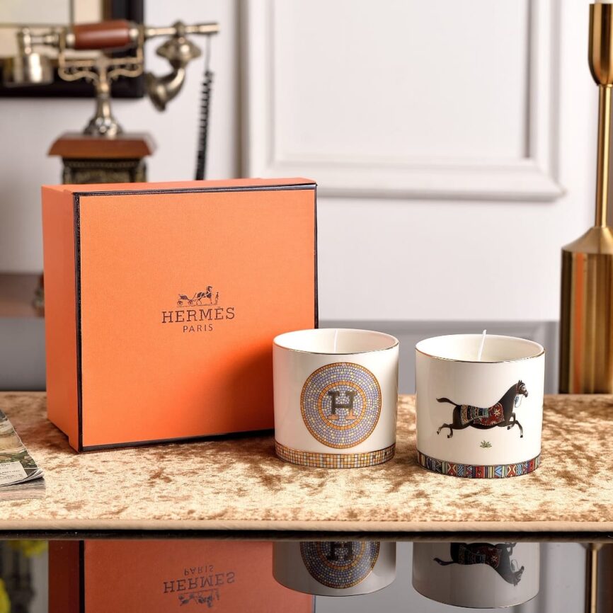 Hermès Mosaic & Equestrian Porcelain Votive Candle Set