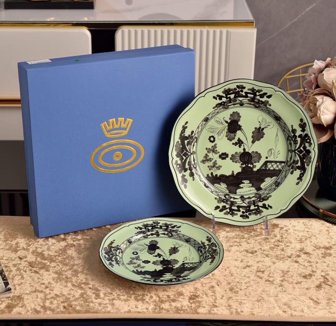Neo-Classical Celadon & Noir Porcelain Dinnerware Set