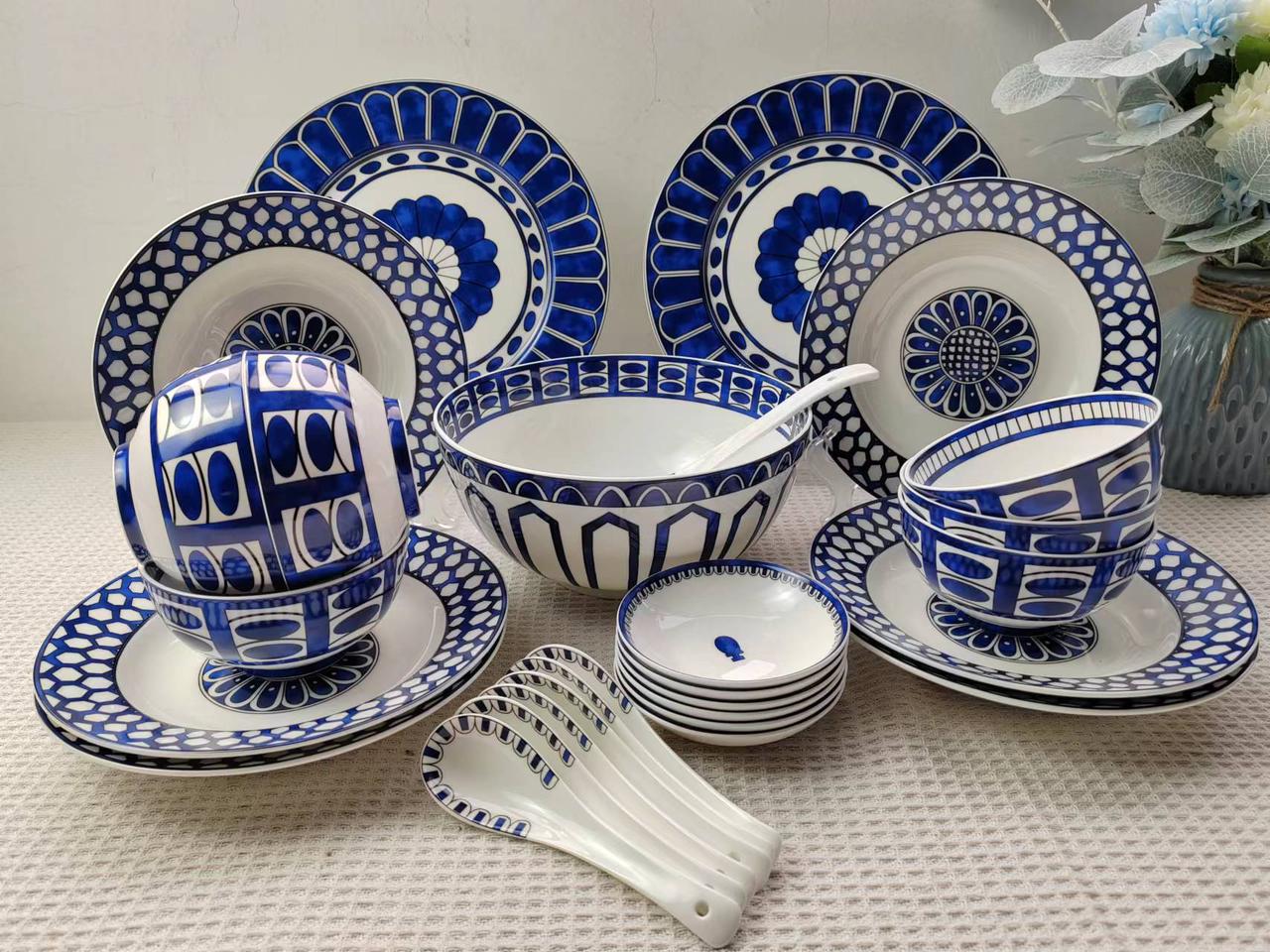 Cobalt Azure Geometric Porcelain Dinnerware & Serving Set
