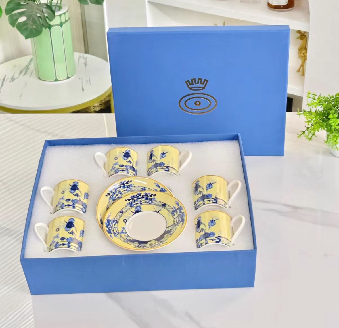 Chinoiserie Solar Yellow & Cobalt Fine Porcelain Demitasse Set