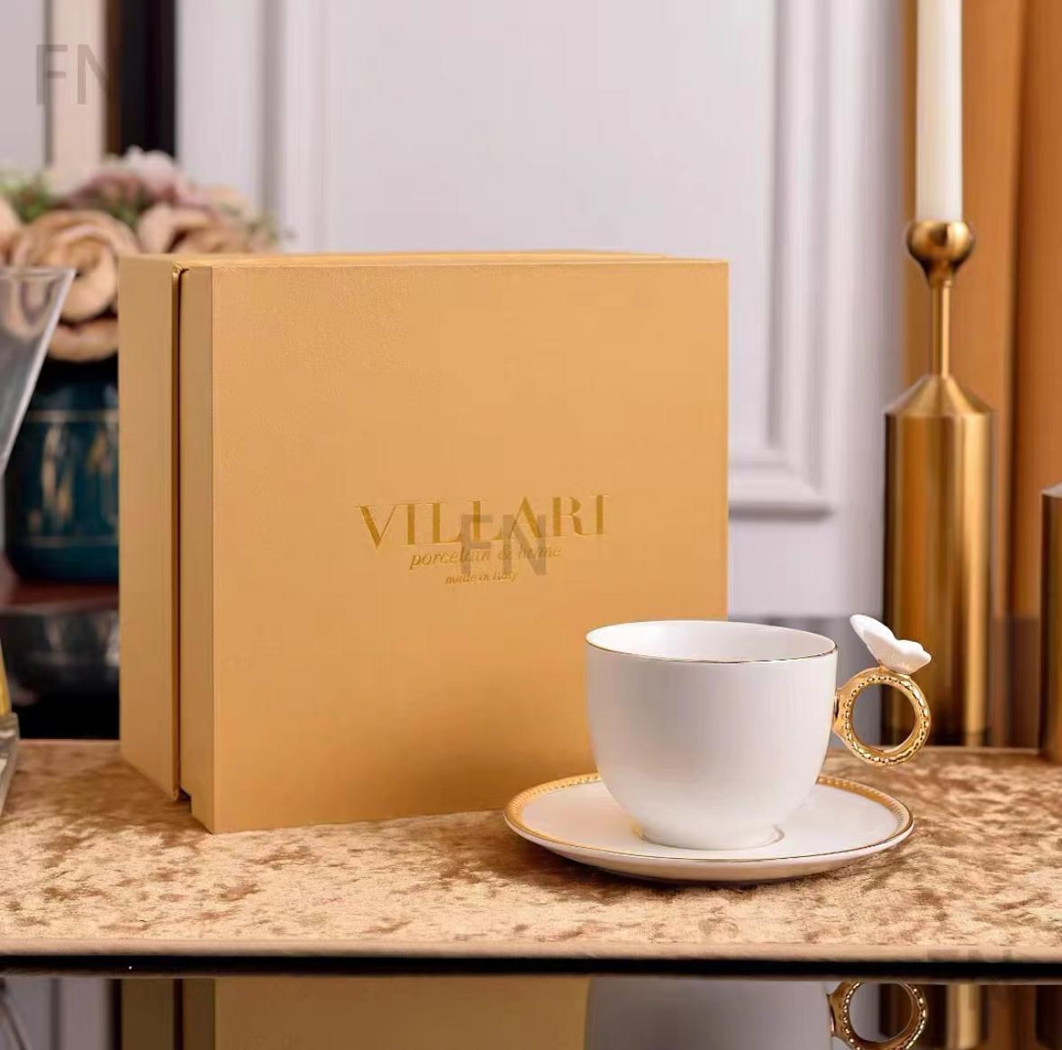 Villari Italian Fine Porcelain Teacup & Saucer Set with 24K Gold Butterfly Handle