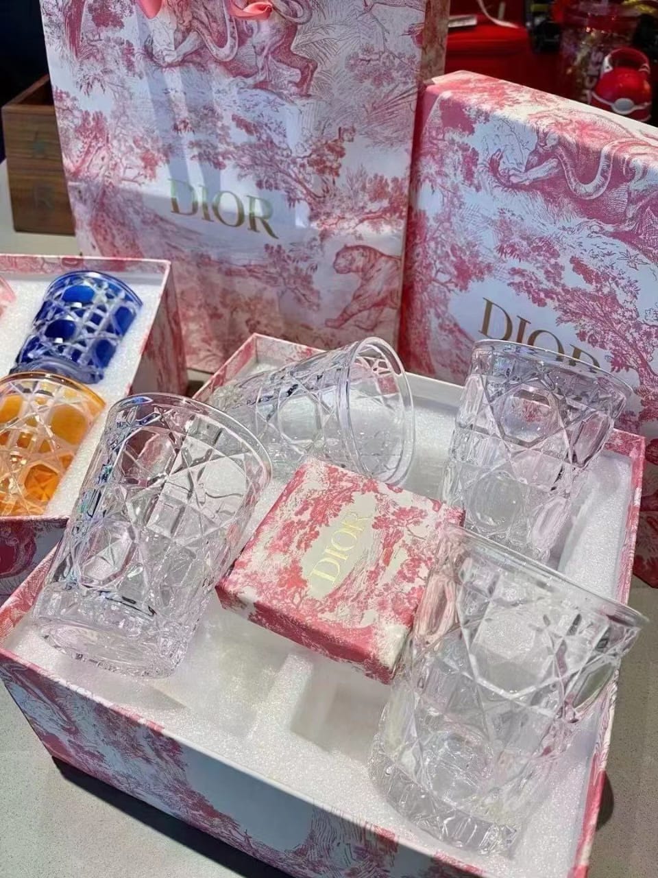 Christian Dior Cut Crystal Tumbler Set with Signature Toile de Jouy Presentation Packaging