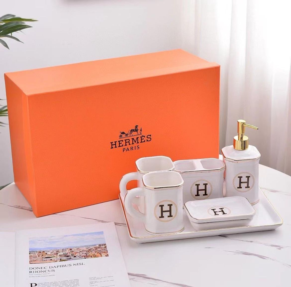 Hermes Monogram Luxury Porcelain Bathroom and Vanity Set