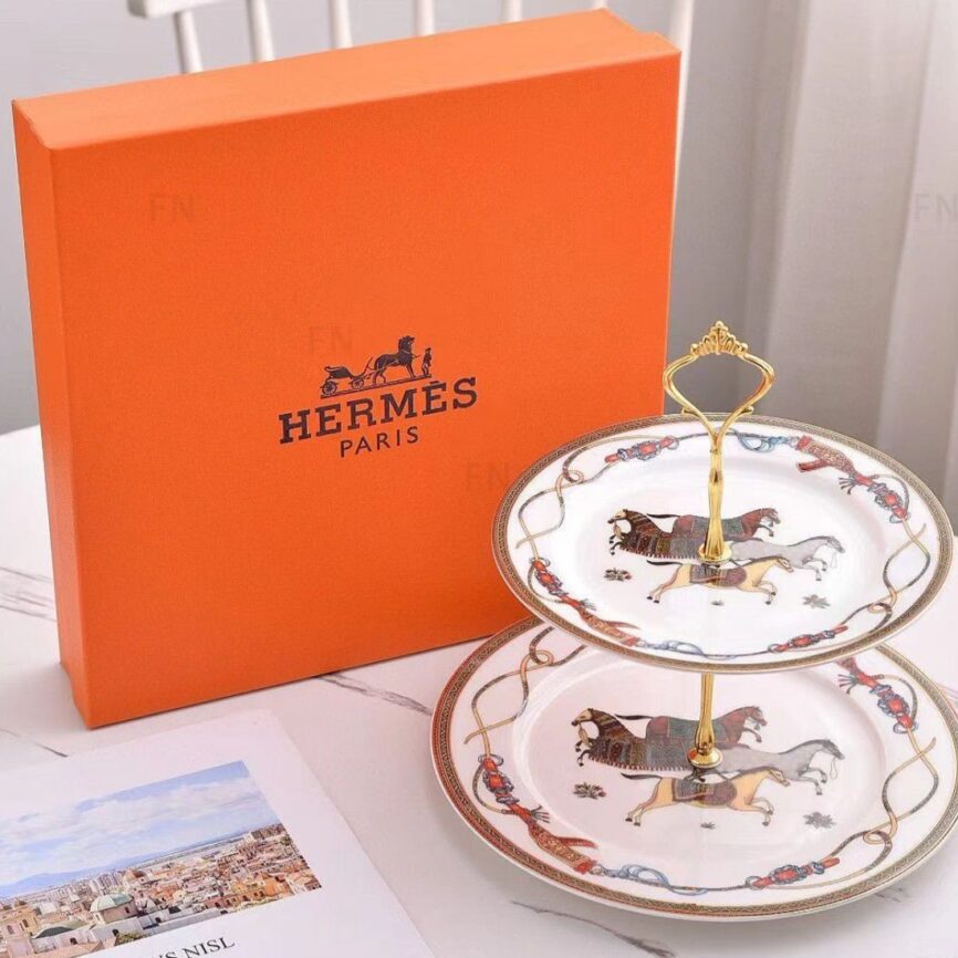 Hermès Artisanal Equestrian Two-Tier Serving Stand & Flatware Set