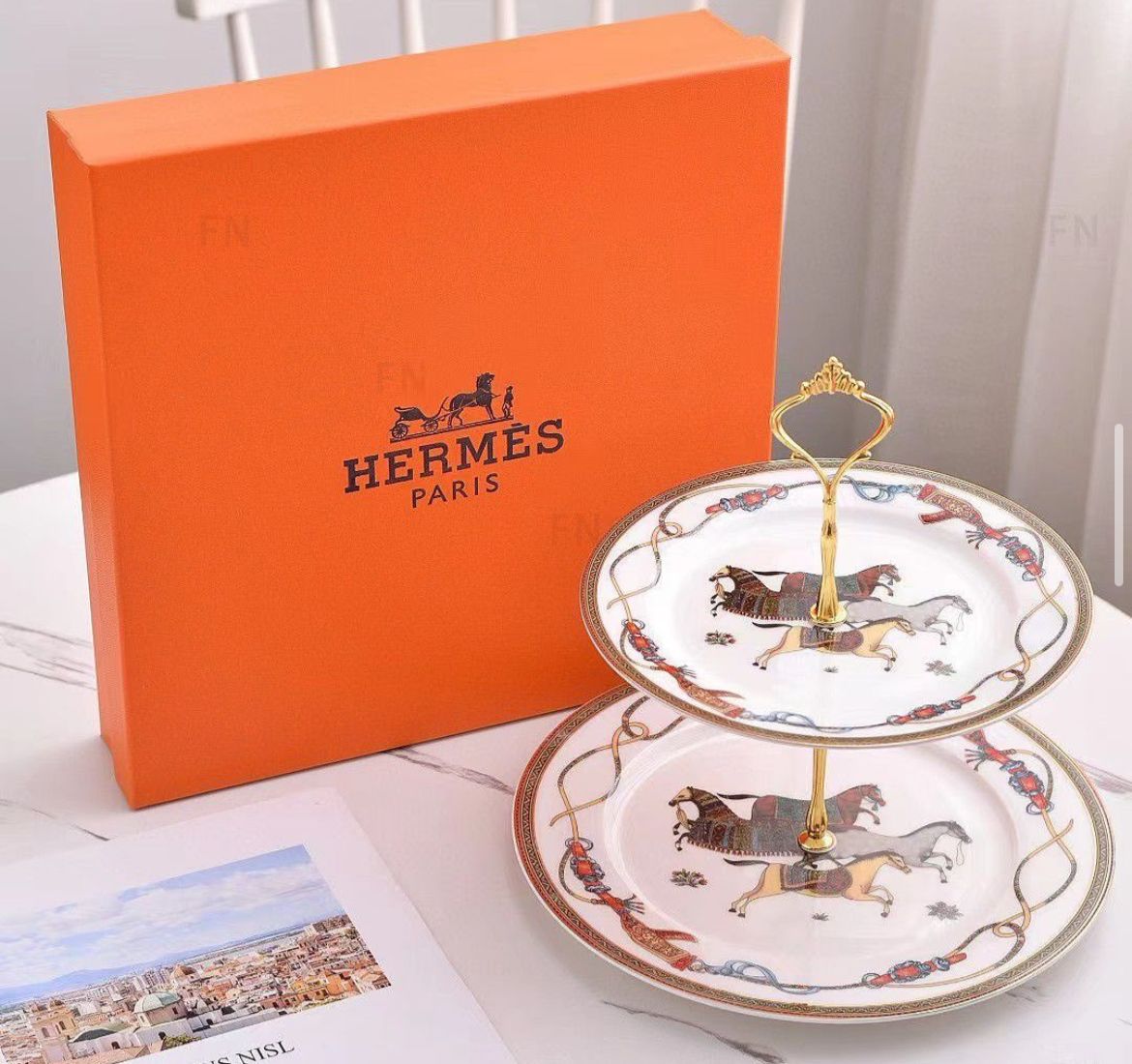 Hermès Artisanal Equestrian Two-Tier Serving Stand & Flatware Set