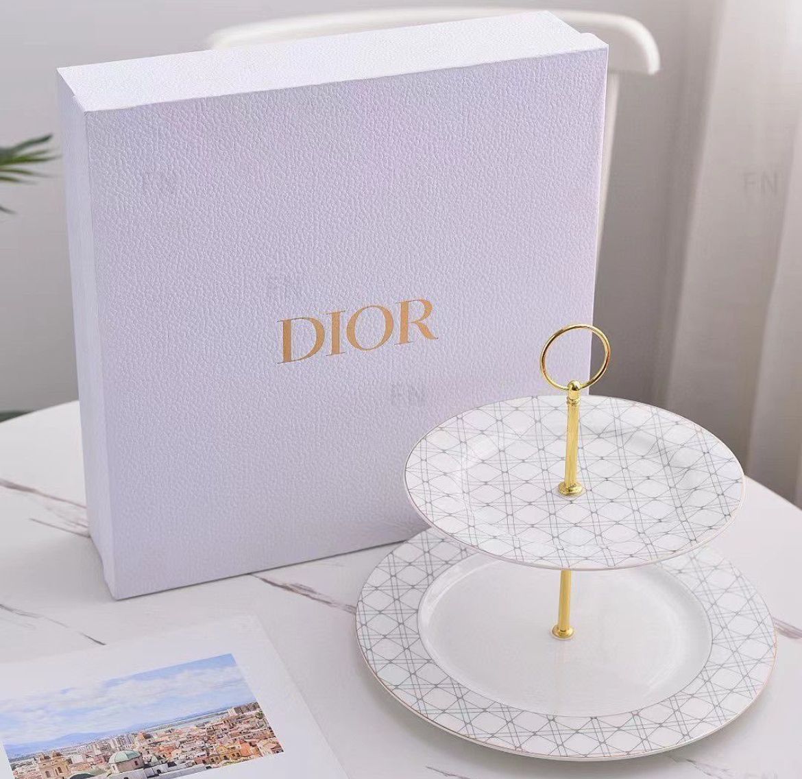 Dior Luxury Two-Tiered Dessert Stand with Geometric Cannage Motif