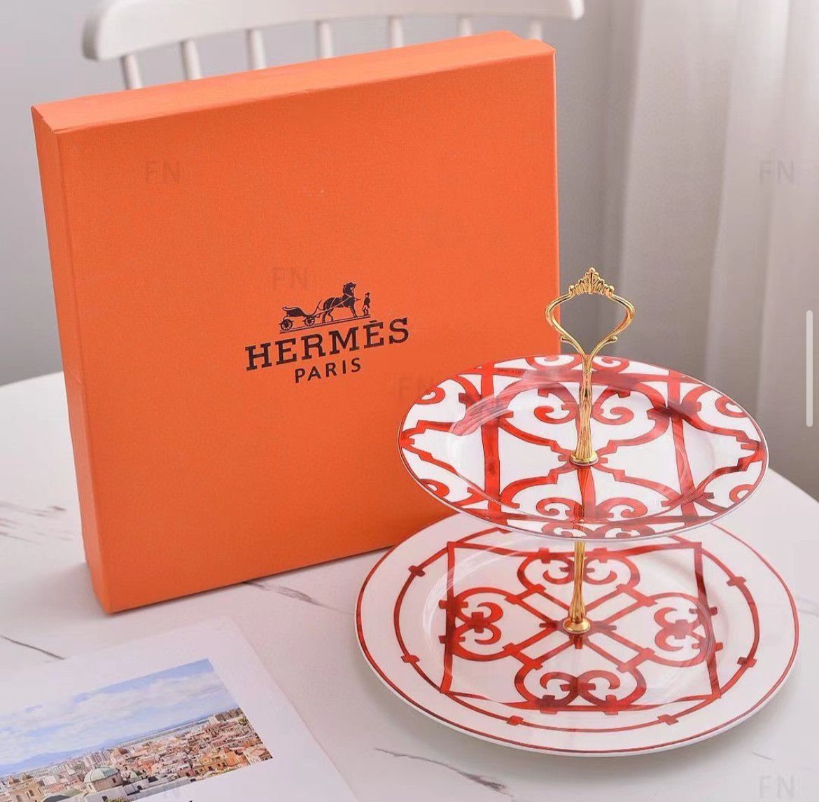 Hermès Mosaic 24-Carat Gold-Accented Porcelain Two-Tier Serving Stand