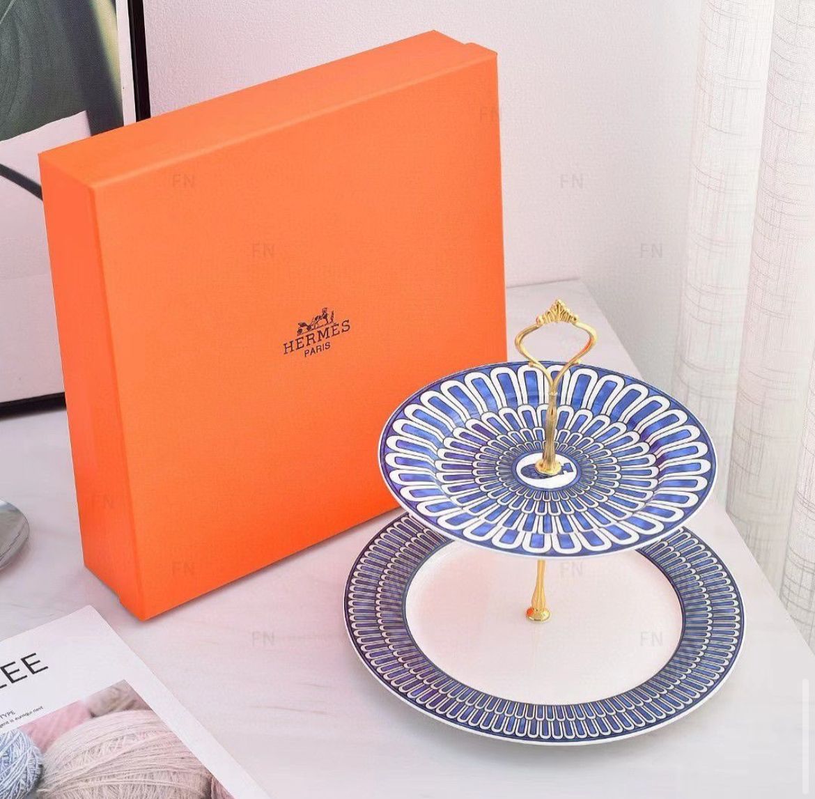 Hermès Blue Mosaic Two-Tier Serving Stand