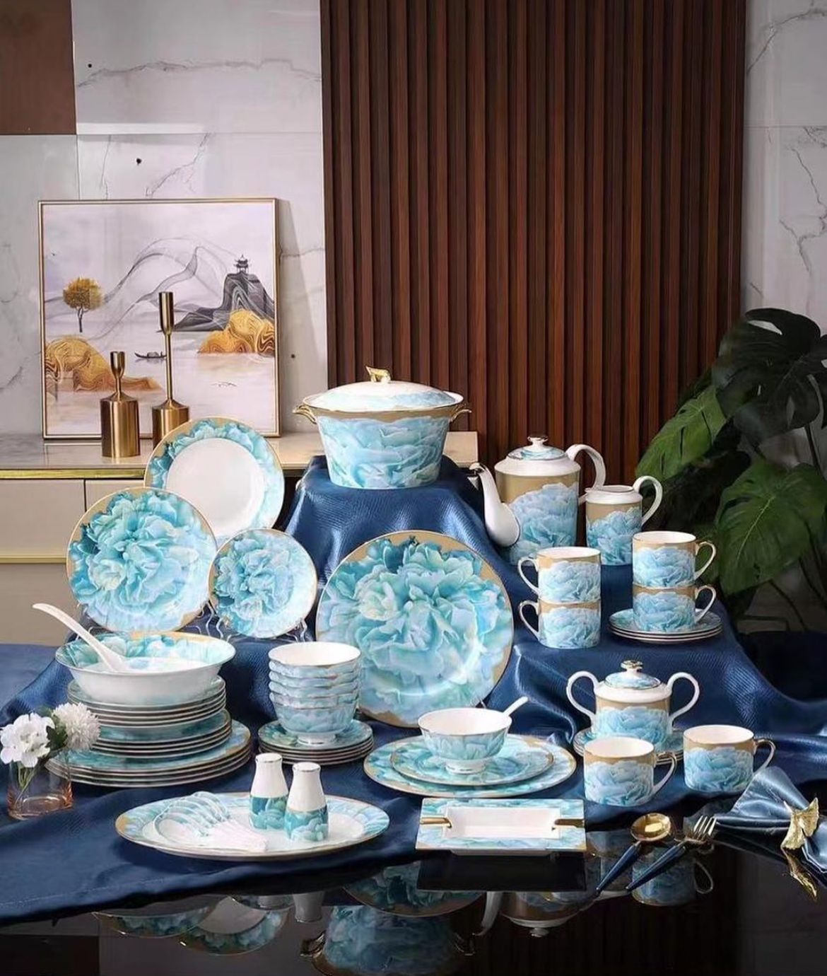 Azure Blossom Artisanal Luxury Flatware & Dinnerware Set