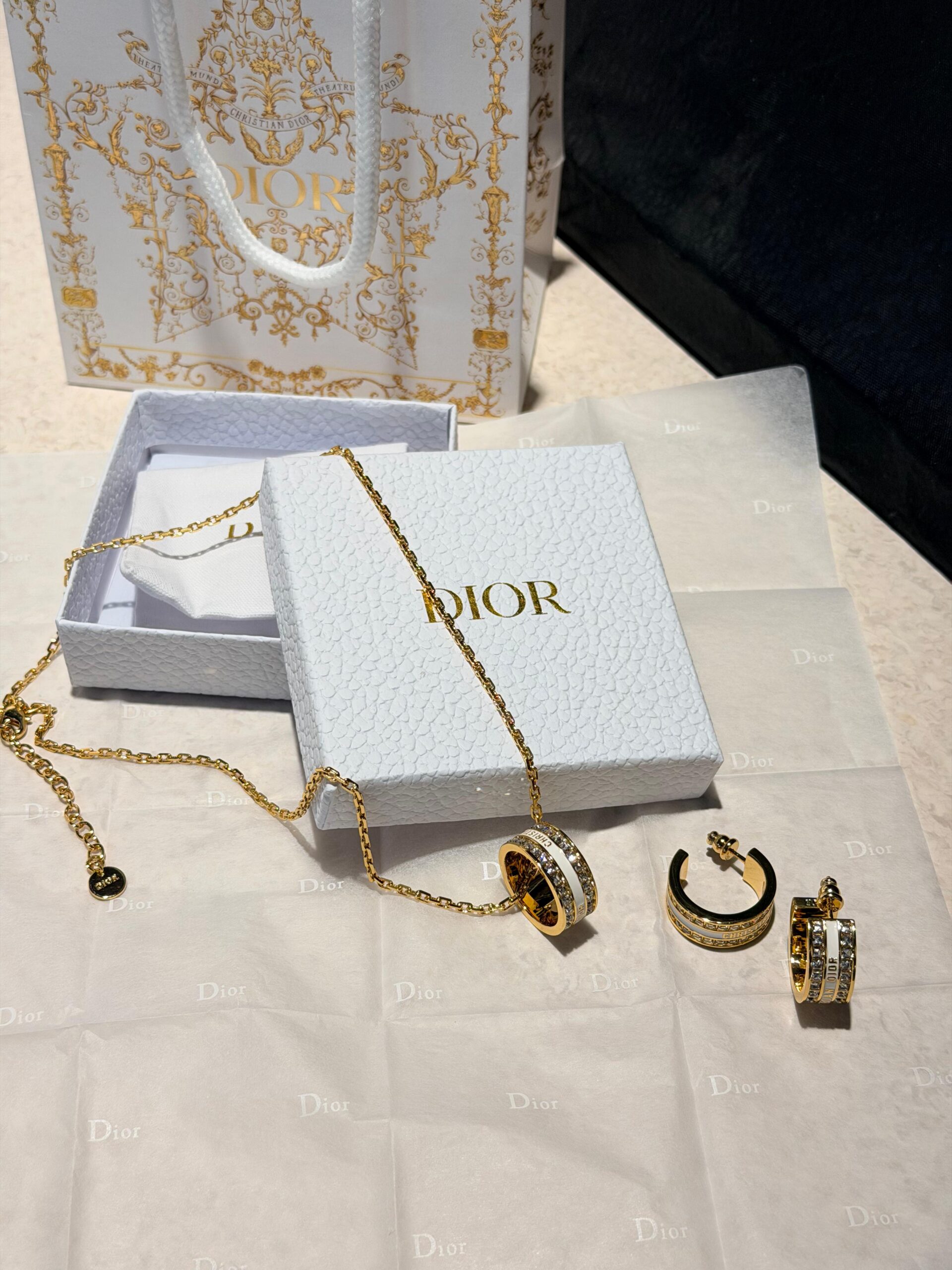 Dior Paris Gold-Finished Pavé and Enamel Pendant & Hoop Set