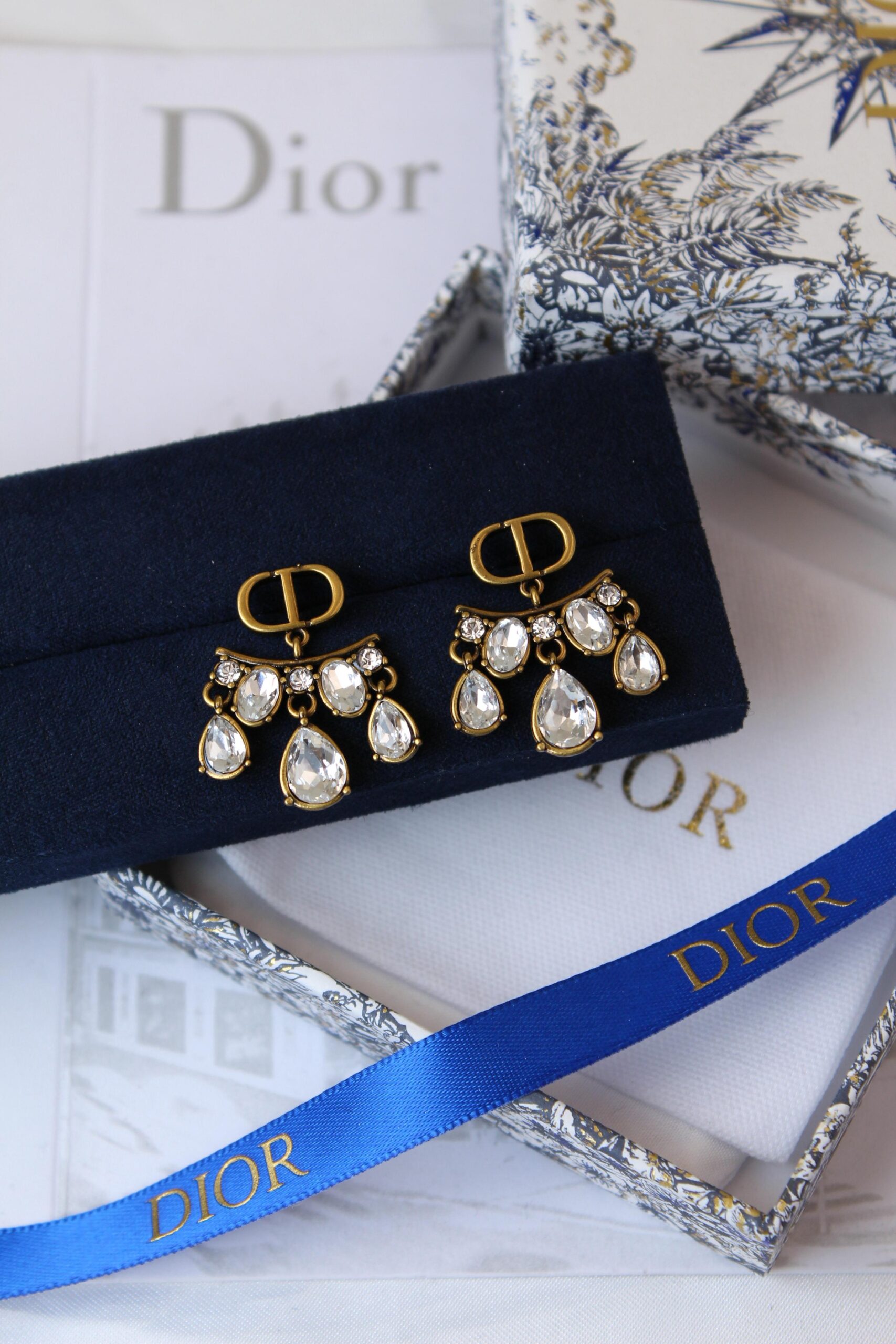 Christian Dior Antiqued Gold-Finish CD Crystal Chandelier Earrings