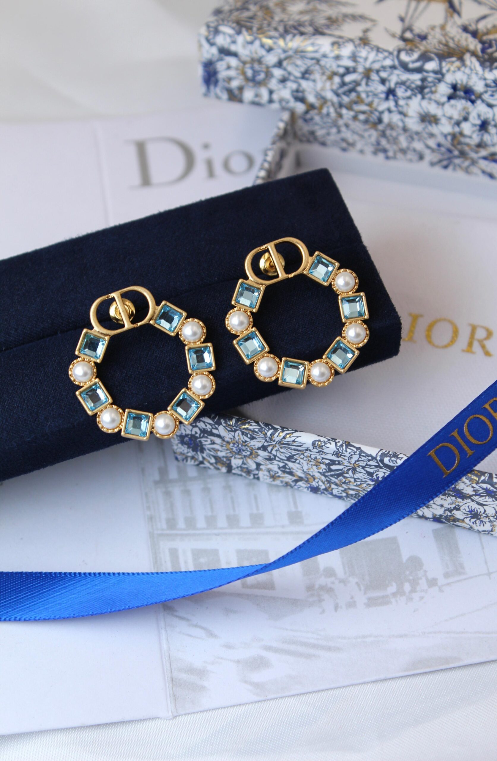 Christian Dior Crystal and Resin Pearl CD Hoop Earrings