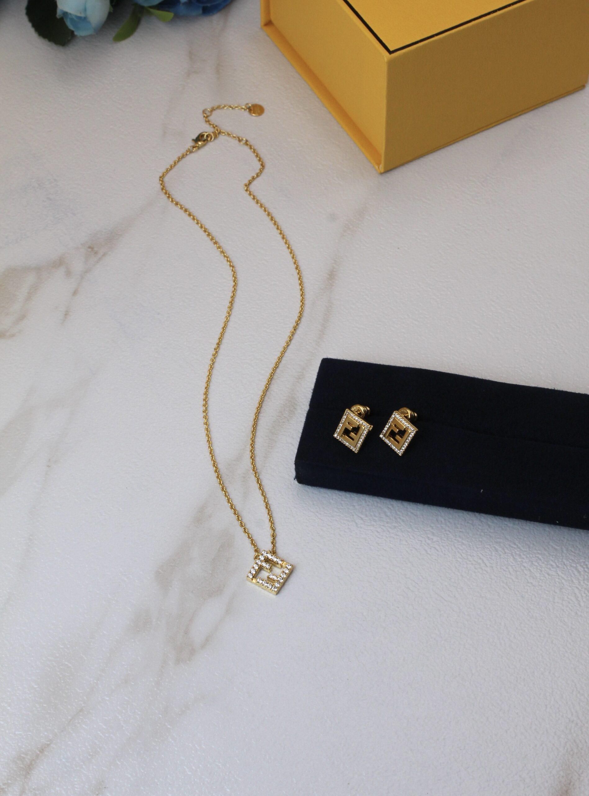 Fendi 18K Gold-Finished Pavé Diamond FF Logo Pendant and Earring Set